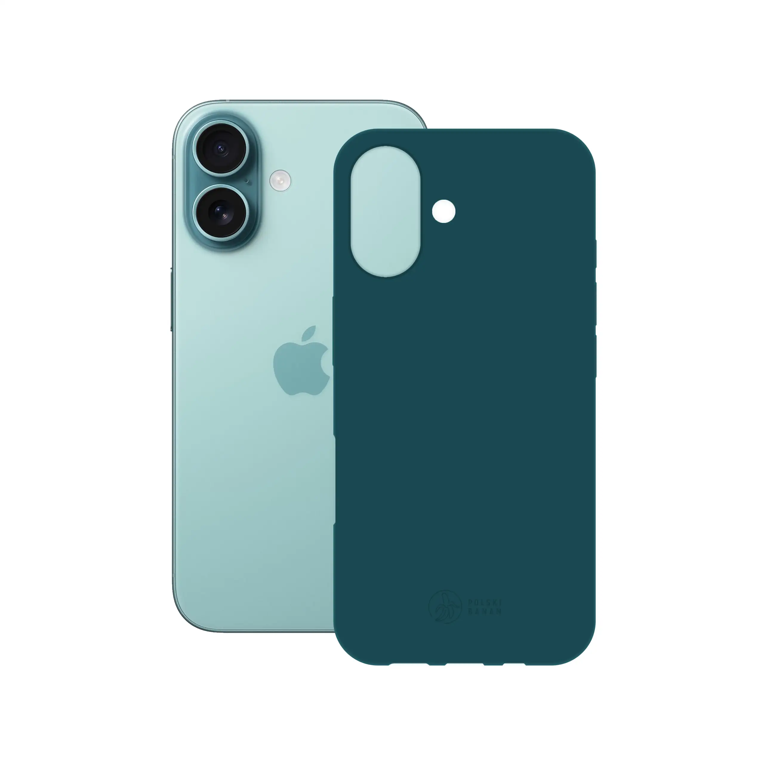 Etui silikonowe matowe morskie Polski Banan obok telefonu Apple iPhone 16