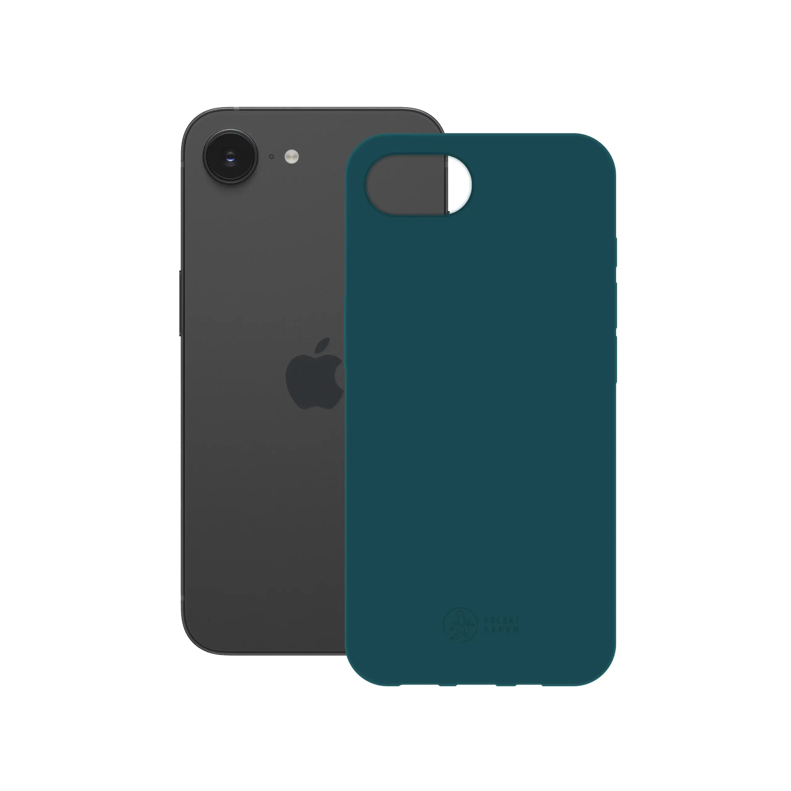 Etui silikonowe matowe morskie Polski Banan obok telefonu Apple iPhone 16e