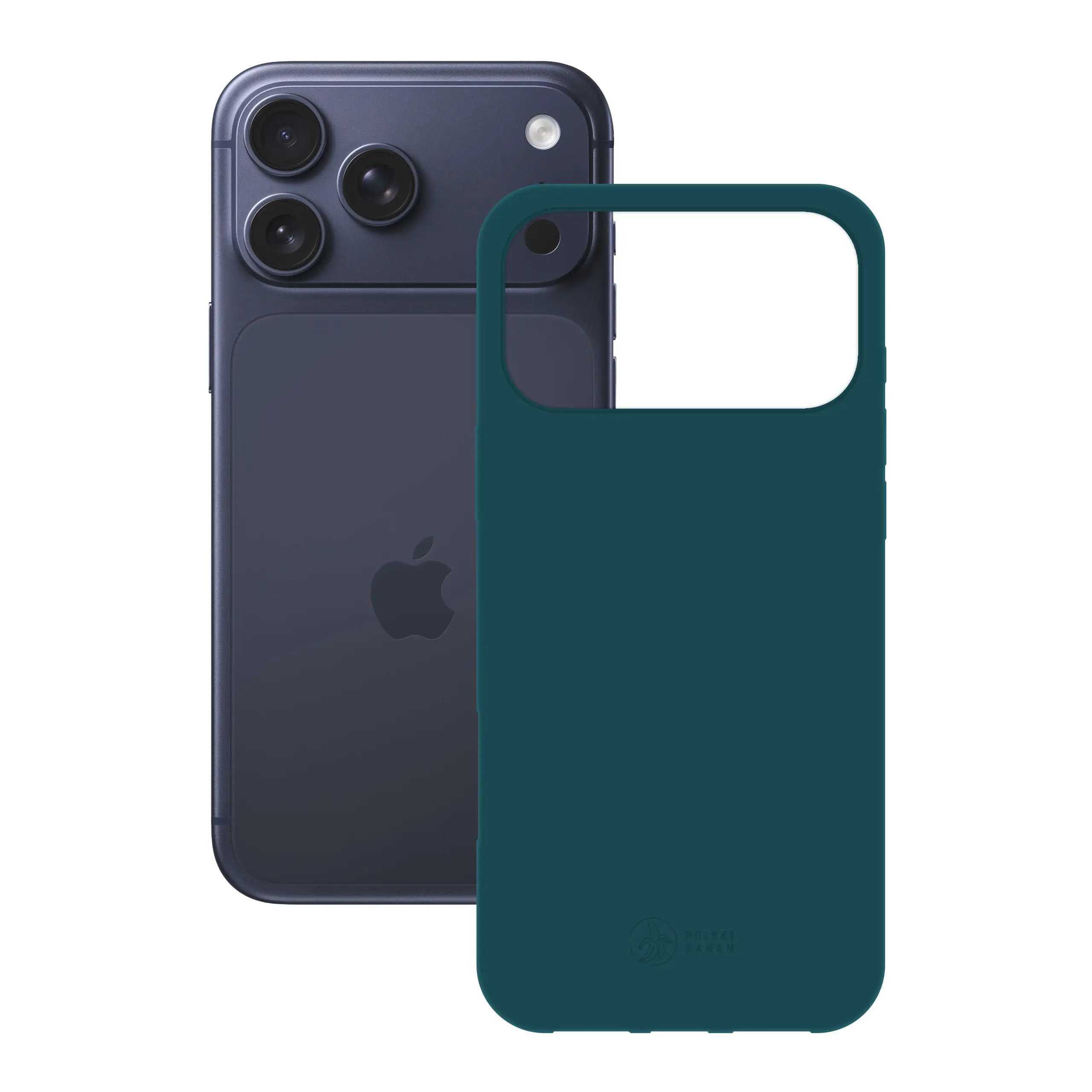 Etui silikonowe matowe morskie Polski Banan obok telefonu Apple iPhone 17 Pro Max