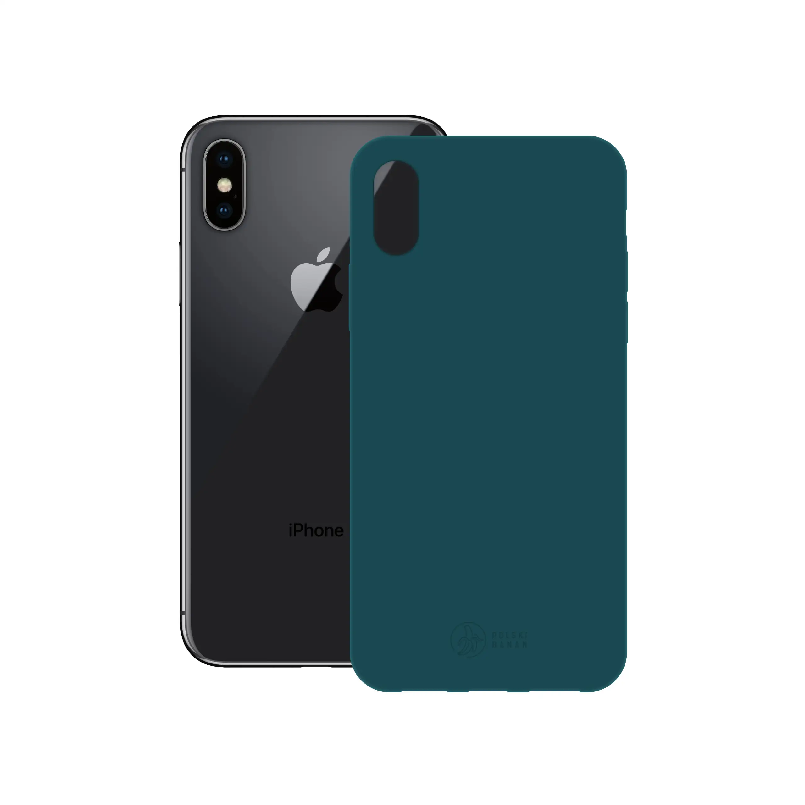 Etui silikonowe matowe morskie Polski Banan obok telefonu Apple iPhone X / Xs