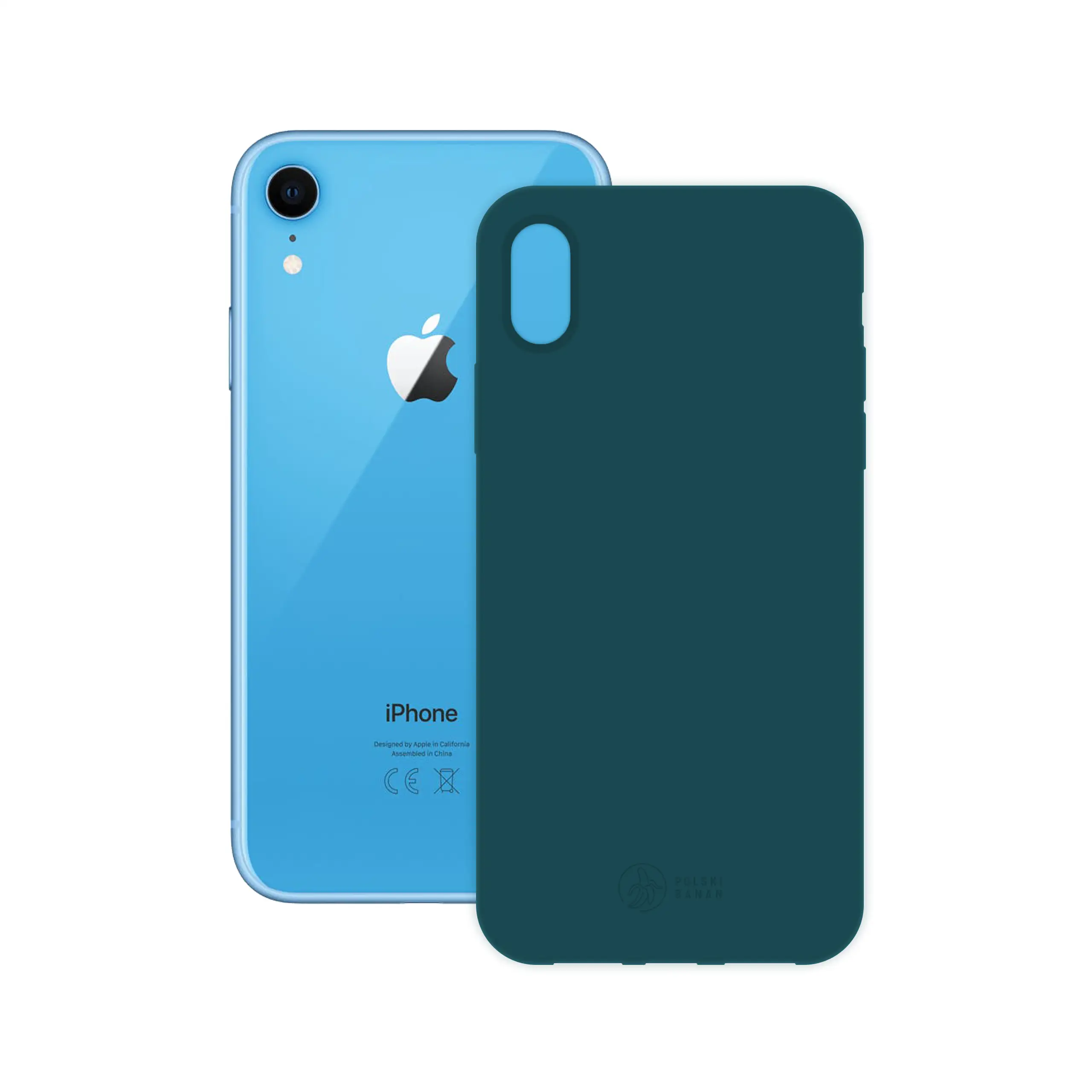 Etui silikonowe matowe morskie Polski Banan obok telefonu Apple iPhone Xr