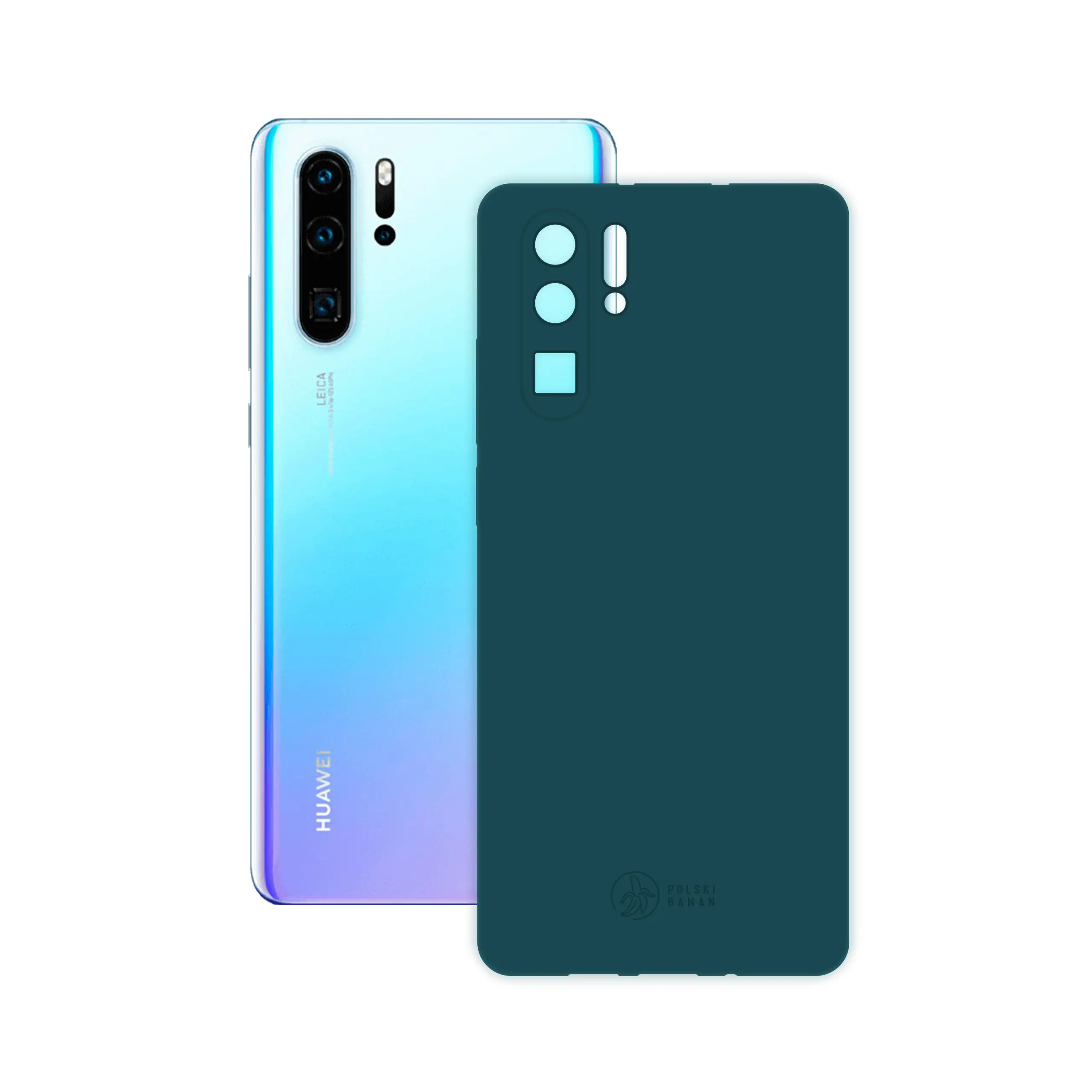 Etui silikonowe matowe morskie Polski Banan obok telefonu Huawei P30 Pro