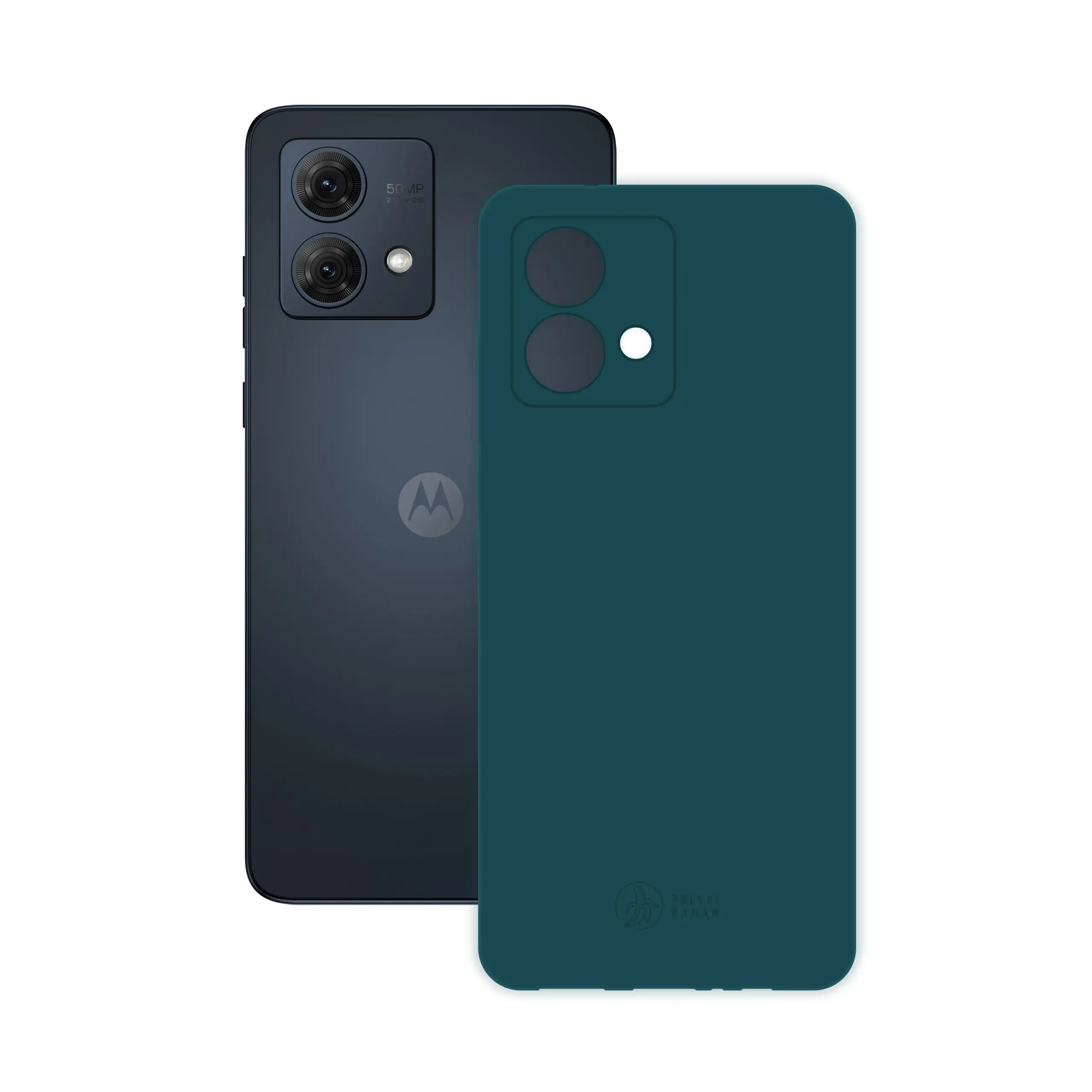 Etui silikonowe matowe morskie Polski Banan obok telefonu Motorola Moto G84 5G