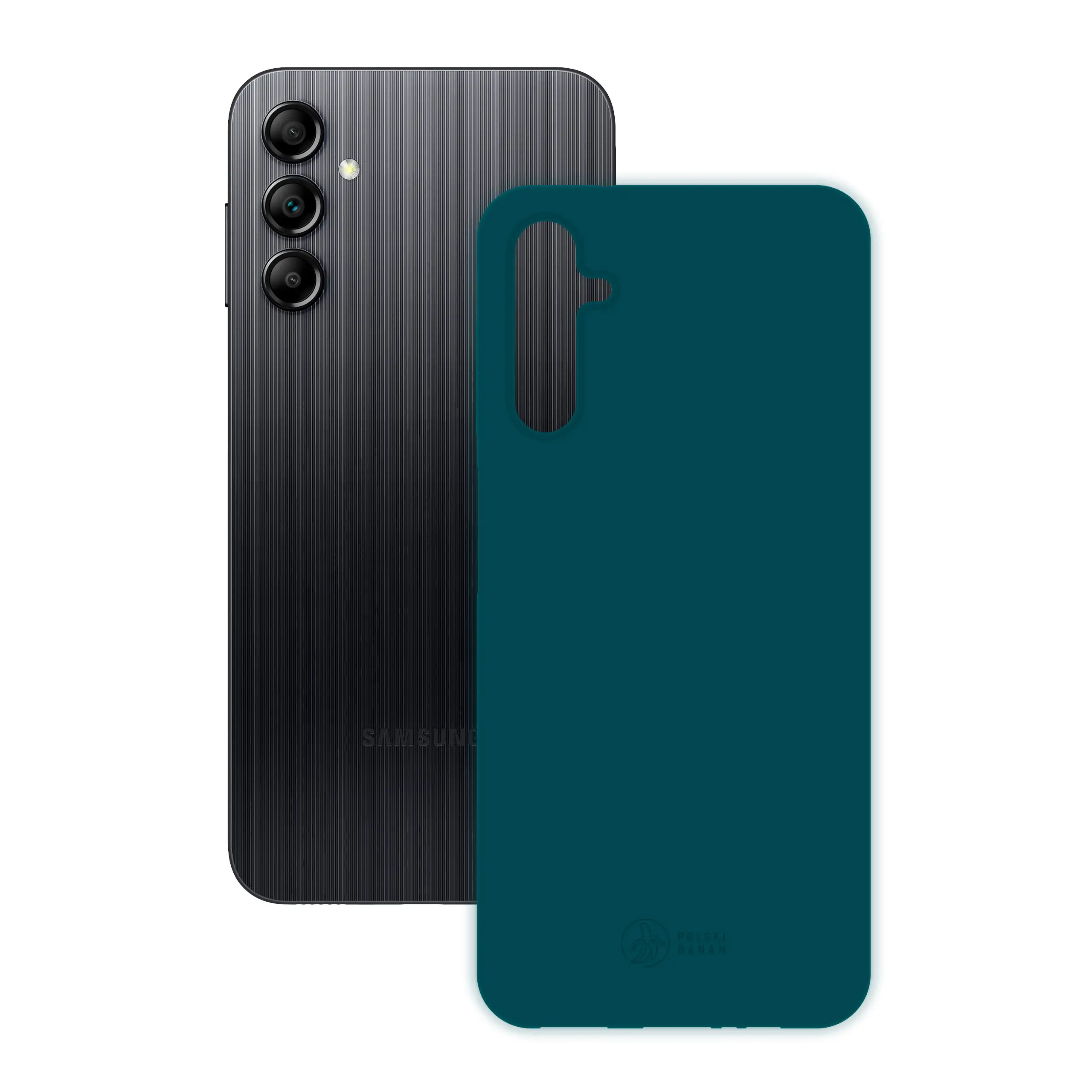Etui silikonowe matowe morskie Polski Banan obok telefonu Samsung Galaxy A14 / A14 5G
