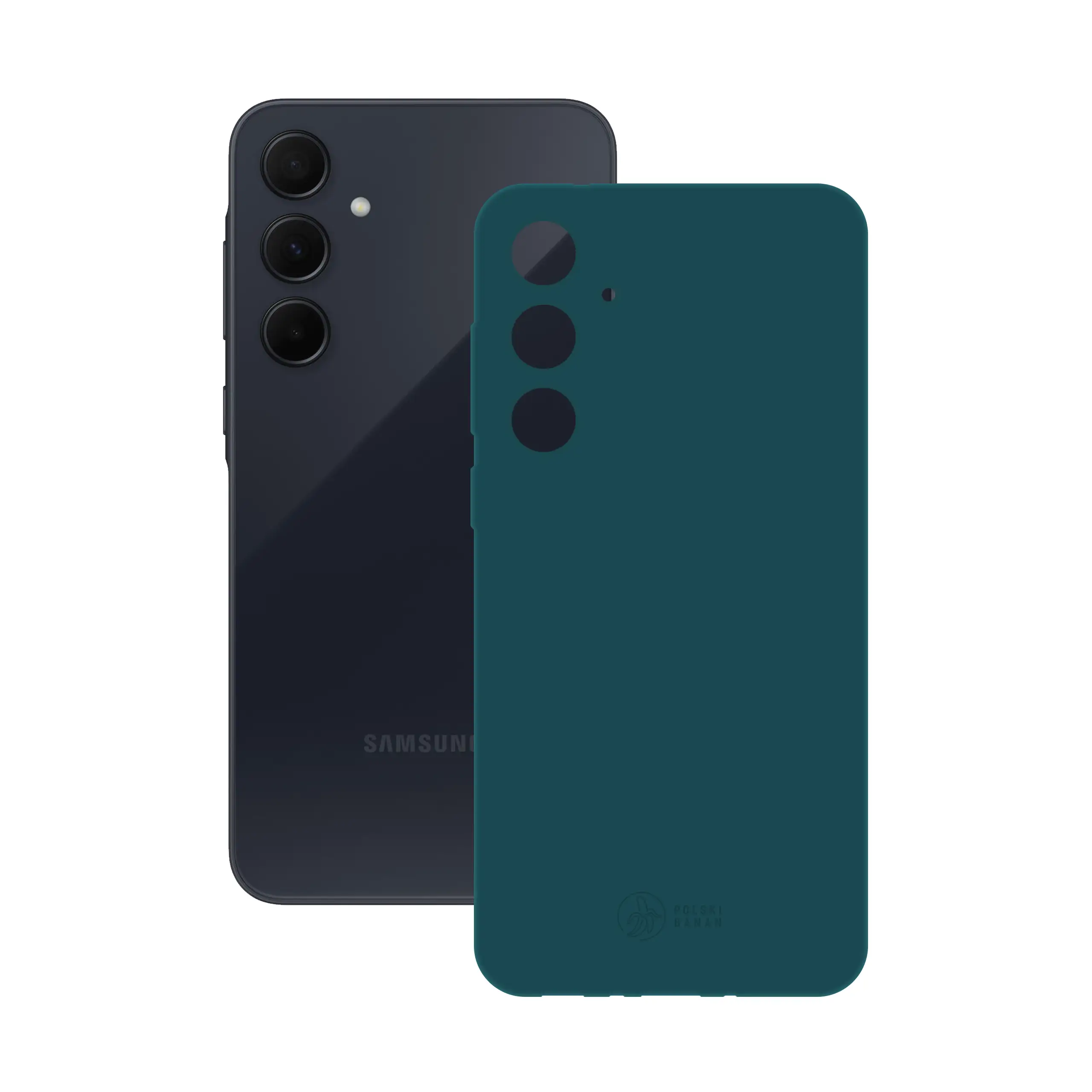 Etui silikonowe matowe morskie Polski Banan obok telefonu Samsung Galaxy A35