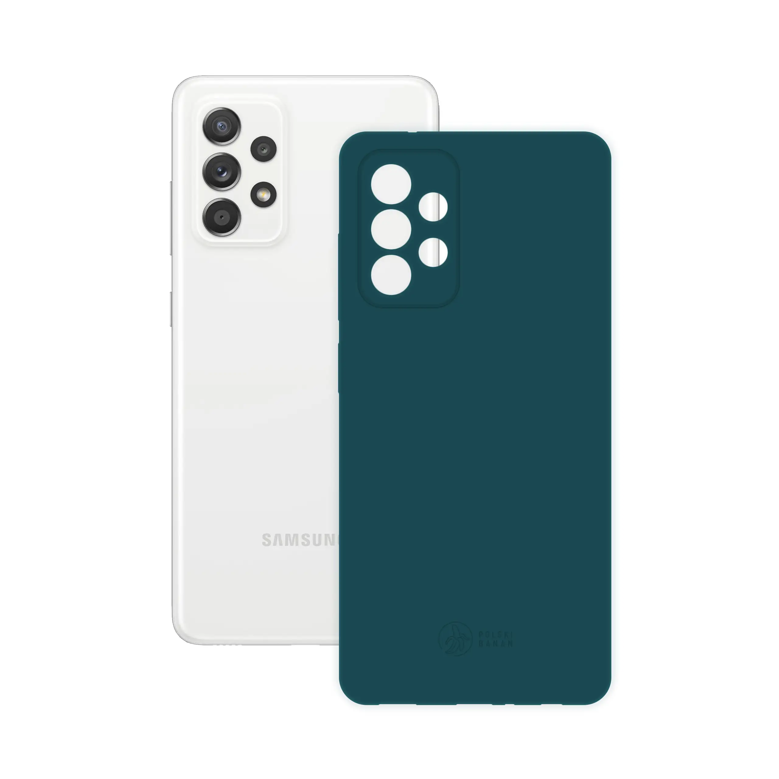 Etui silikonowe matowe morskie Polski Banan obok telefonu Samsung Galaxy A52 / A52s