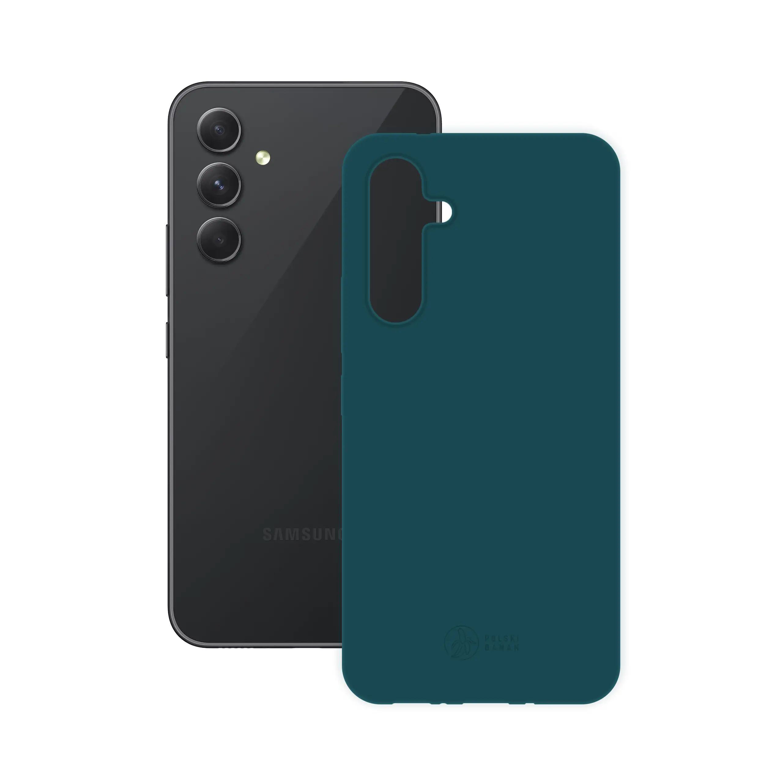 Etui silikonowe matowe morskie Polski Banan obok telefonu Samsung Galaxy A54