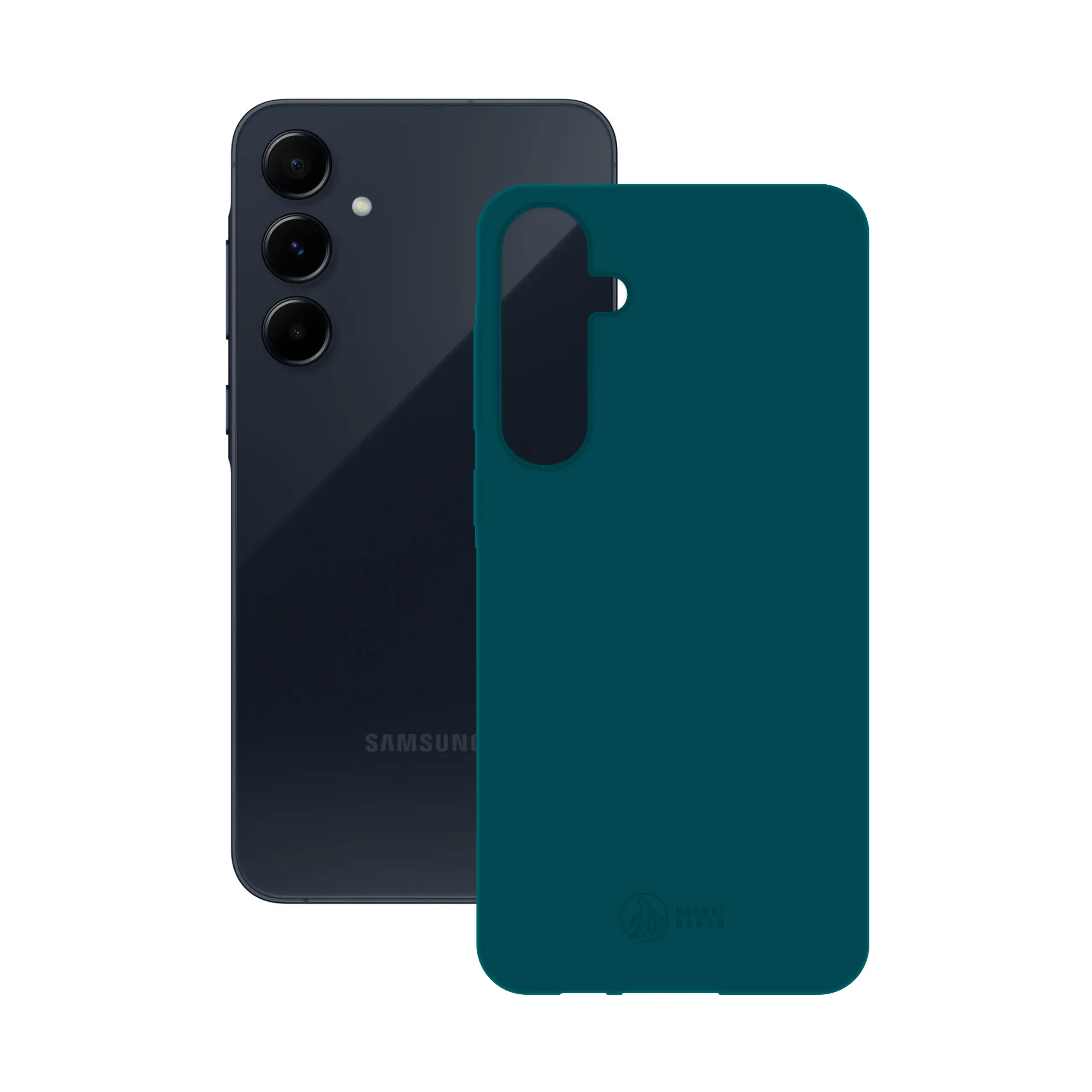 Etui silikonowe matowe morskie Polski Banan obok telefonu Samsung Galaxy A55 5G