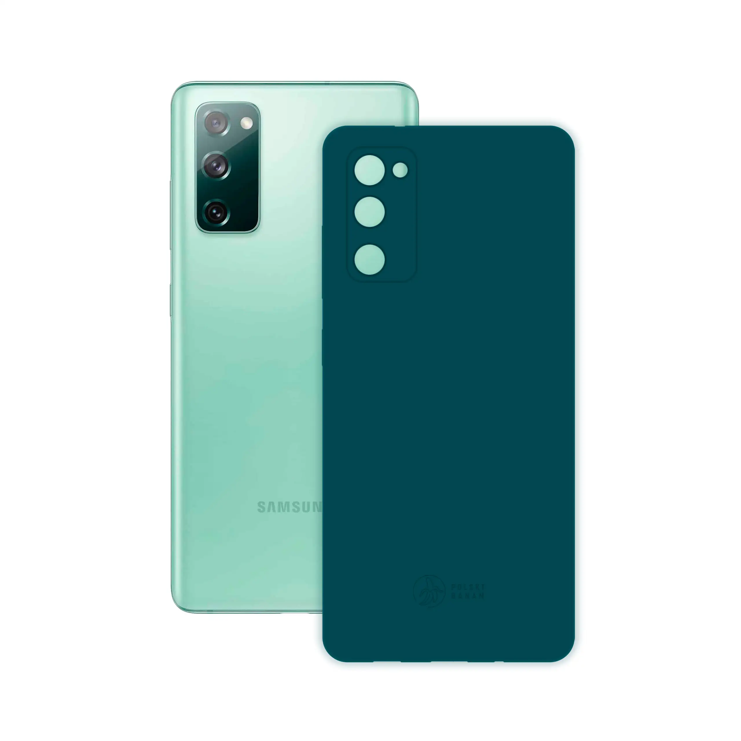 Etui silikonowe matowe morskie Polski Banan obok telefonu Samsung Galaxy S20 FE