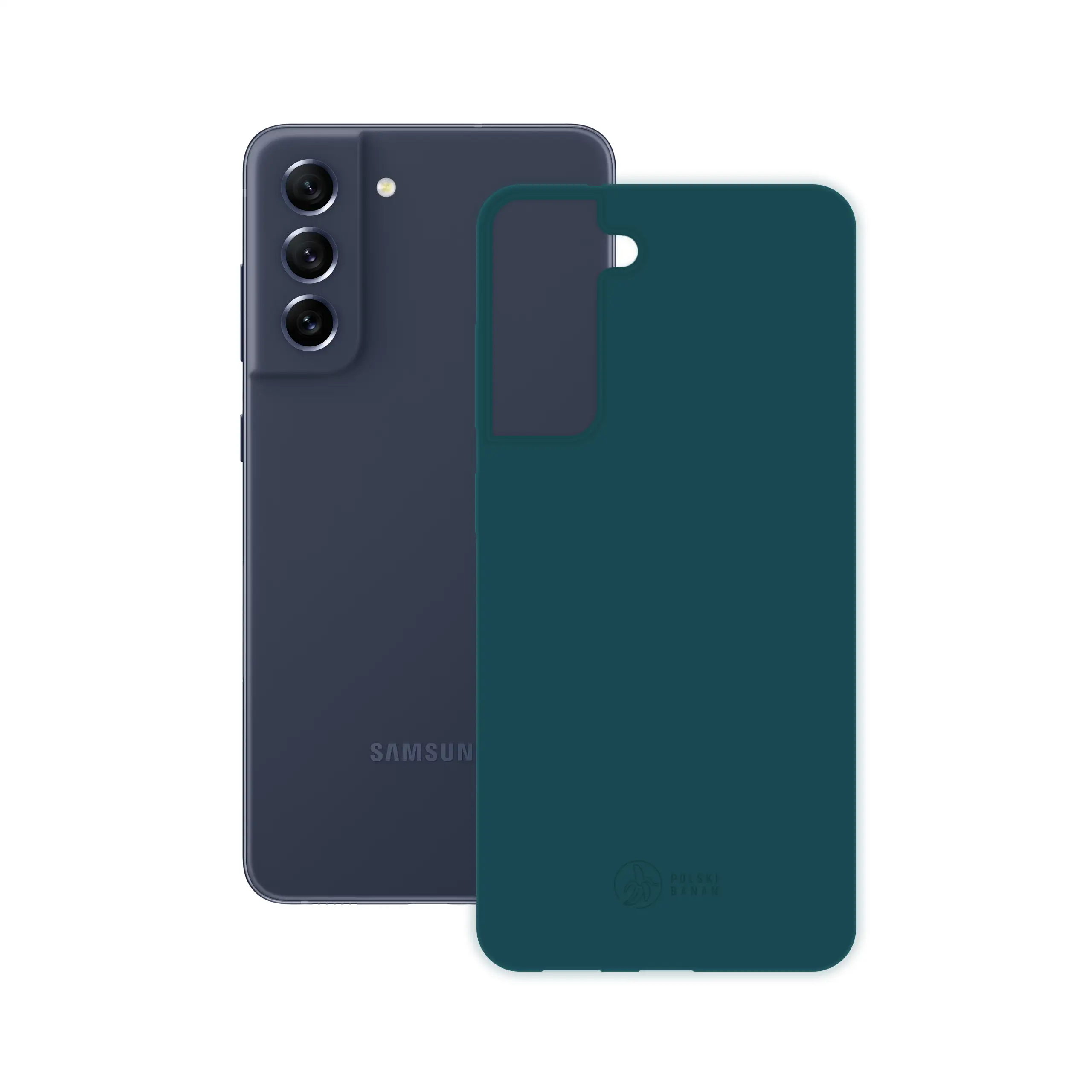 Etui silikonowe matowe morskie Polski Banan obok telefonu Samsung Galaxy S21 FE