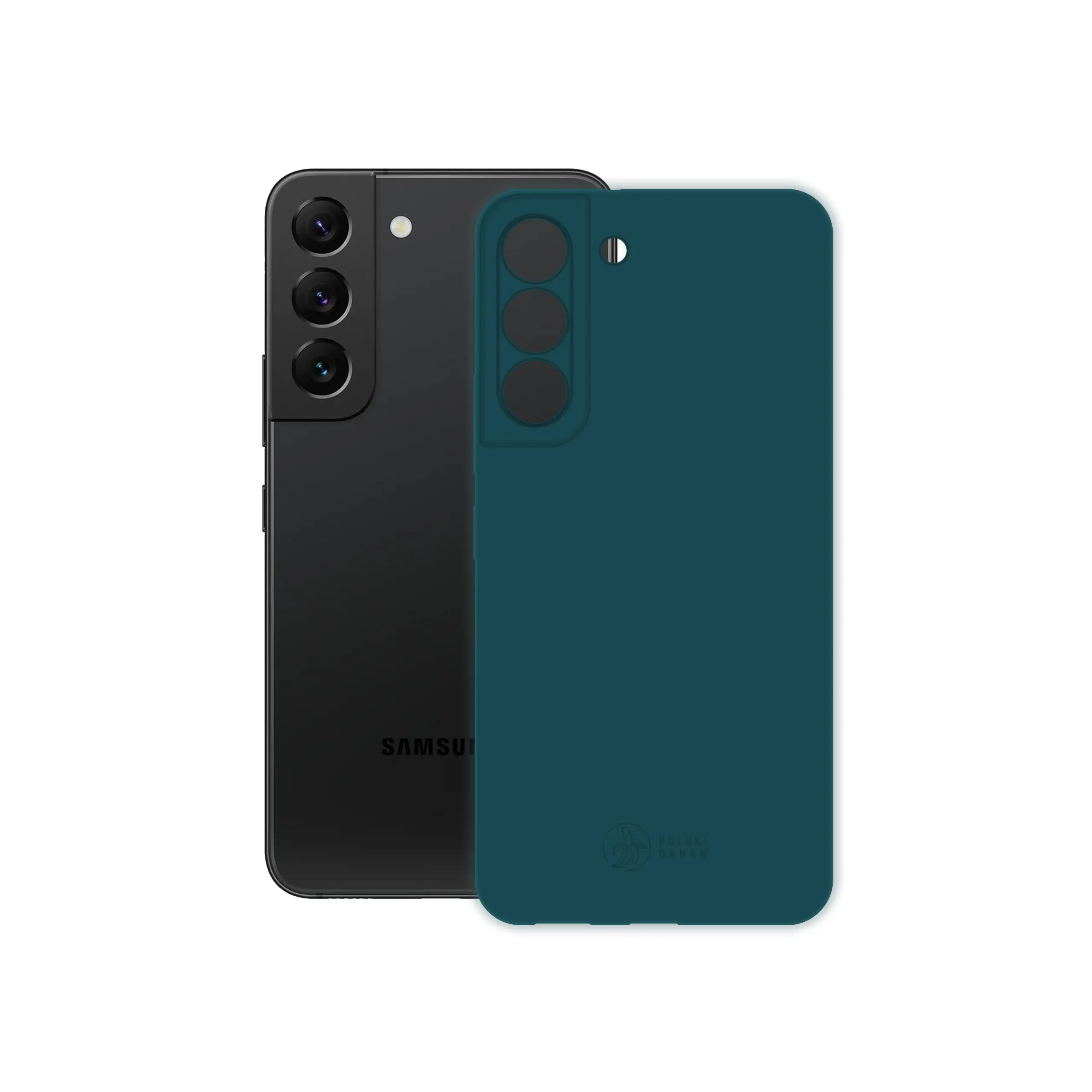 Etui silikonowe matowe morskie Polski Banan obok telefonu Samsung Galaxy S22
