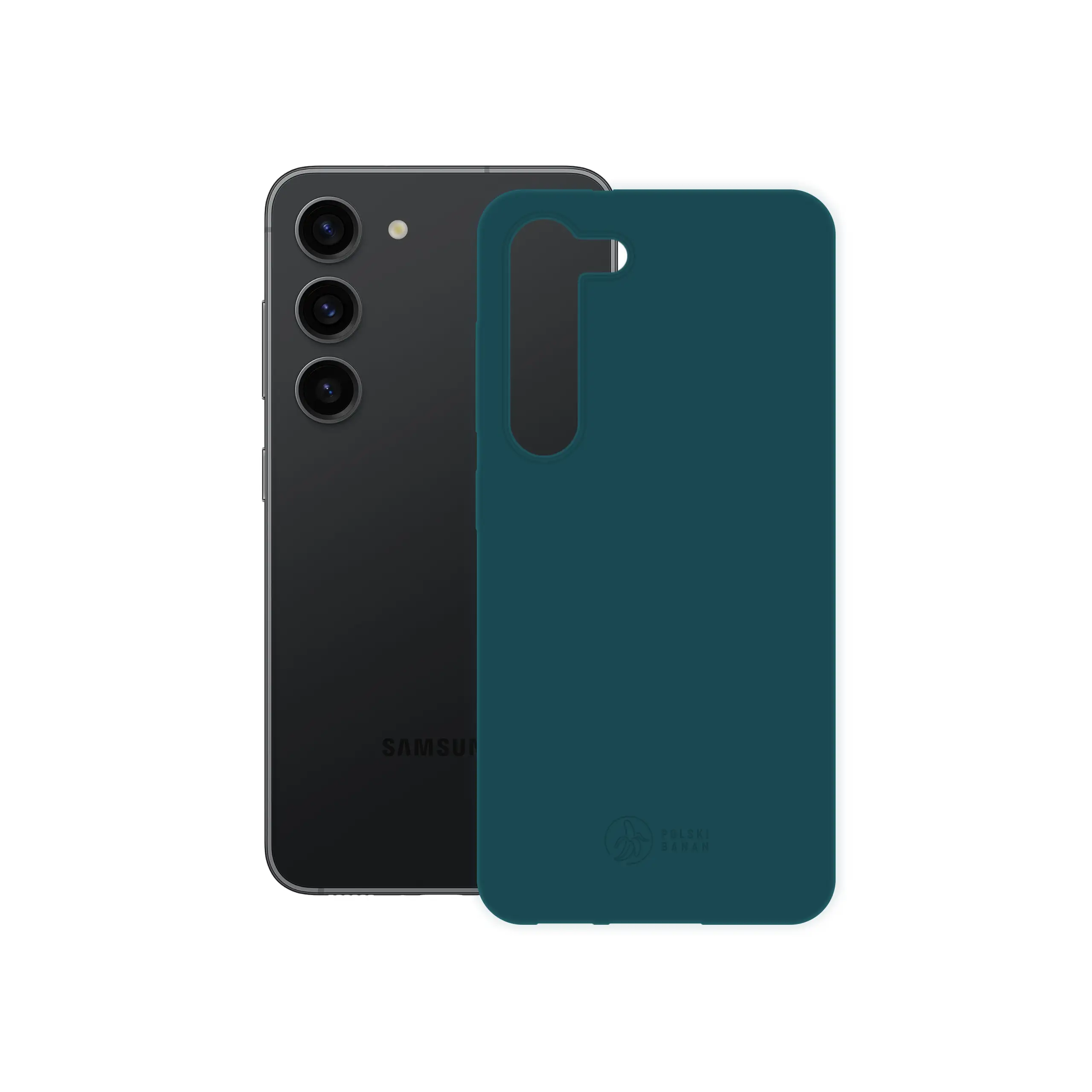 Etui silikonowe matowe morskie Polski Banan obok telefonu Samsung Galaxy S23
