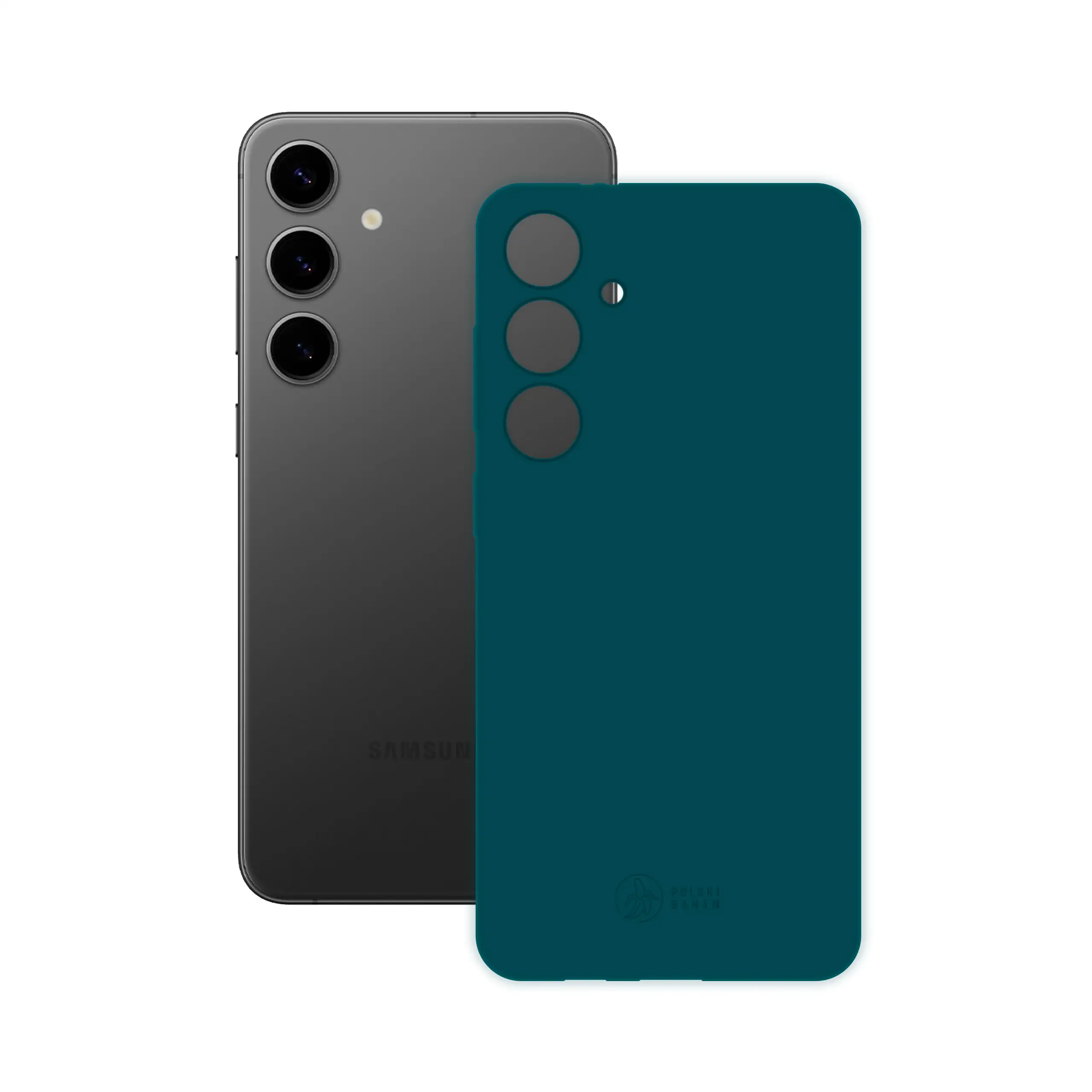 Etui silikonowe matowe morskie Polski Banan obok telefonu Samsung Galaxy S24 Plus
