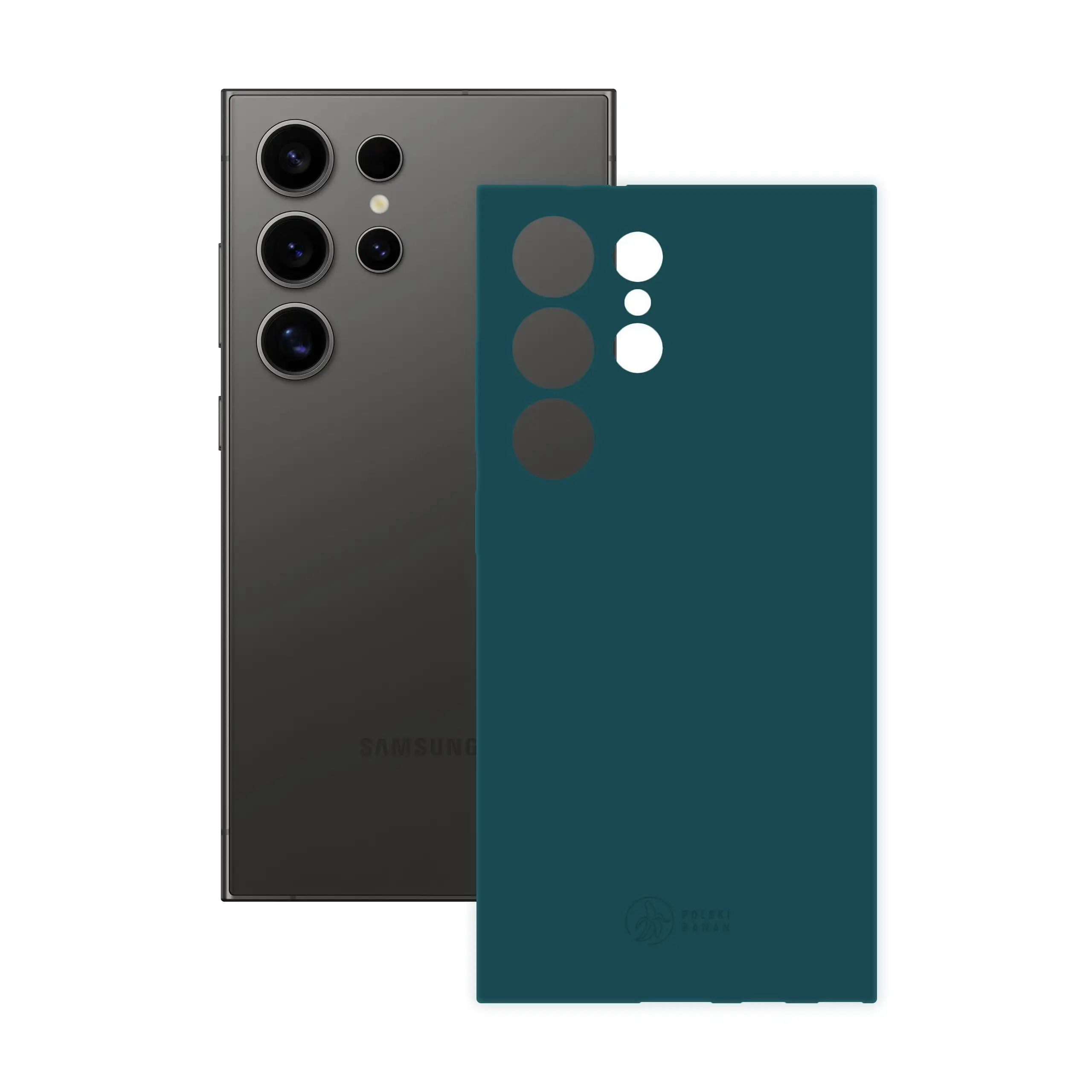 Etui silikonowe matowe morskie Polski Banan obok telefonu Samsung Galaxy S24 Ultra