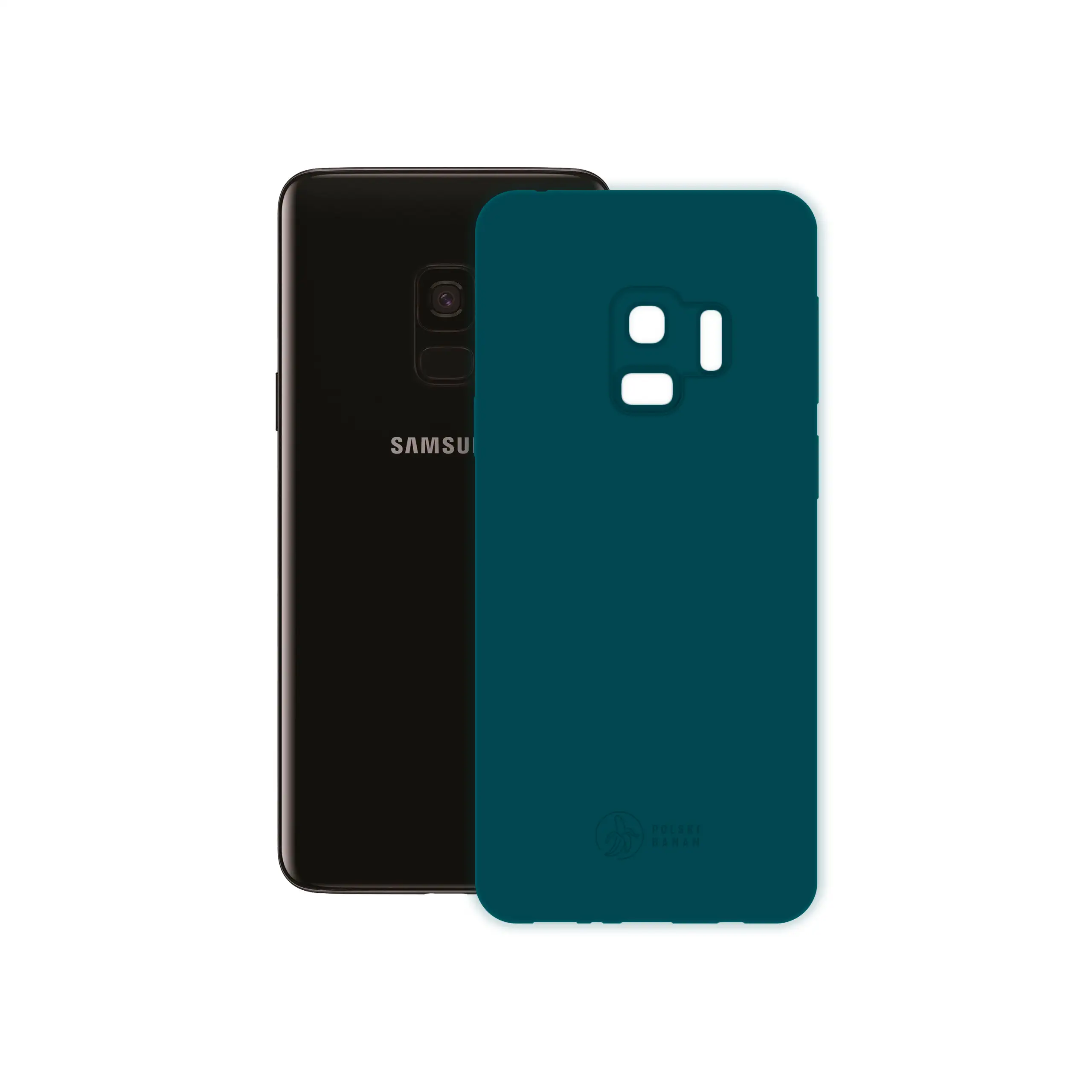 Etui silikonowe matowe morskie Polski Banan obok telefonu Samsung Galaxy S9
