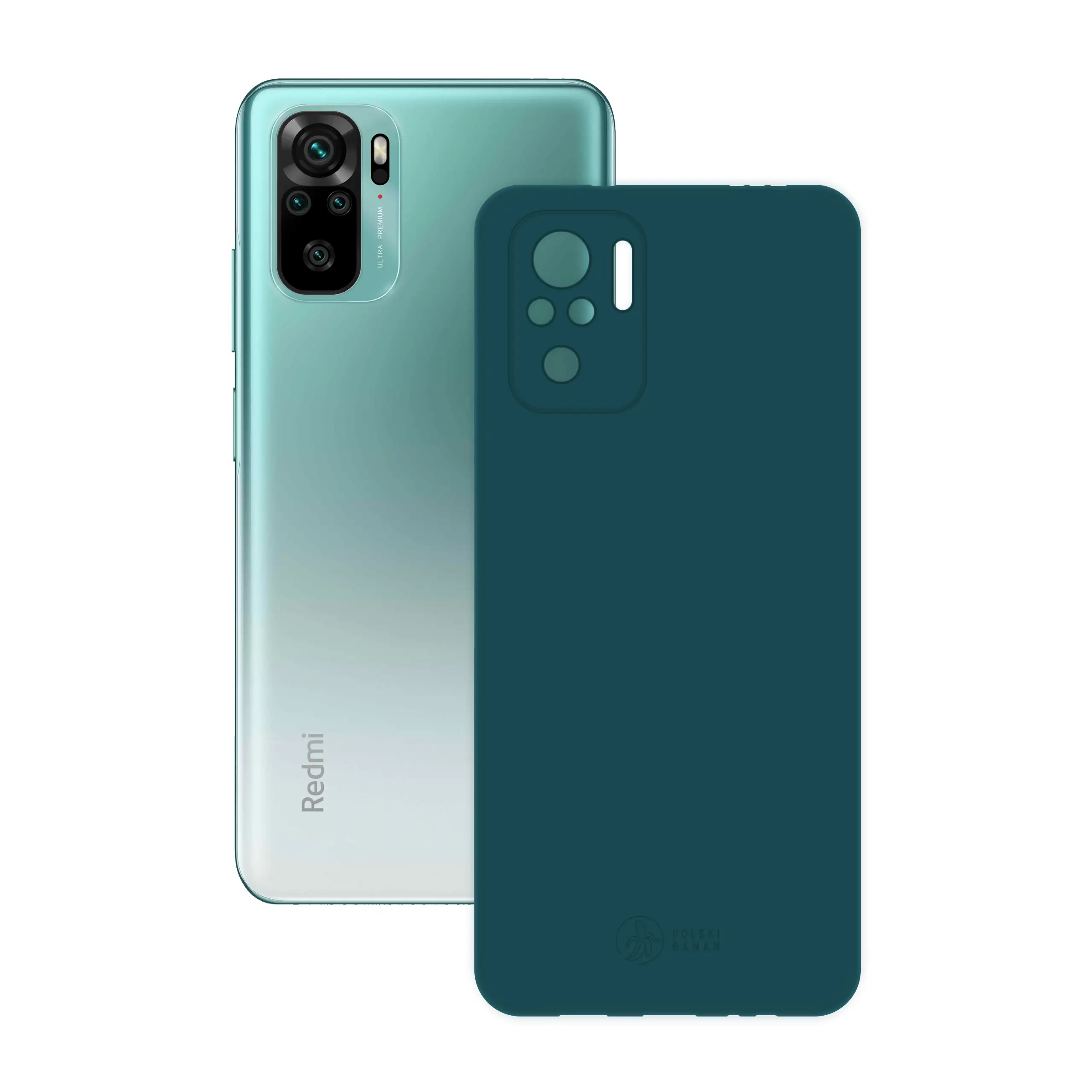 Etui silikonowe matowe morskie Polski Banan obok telefonu Xiaomi Redmi Note 10 / 10s
