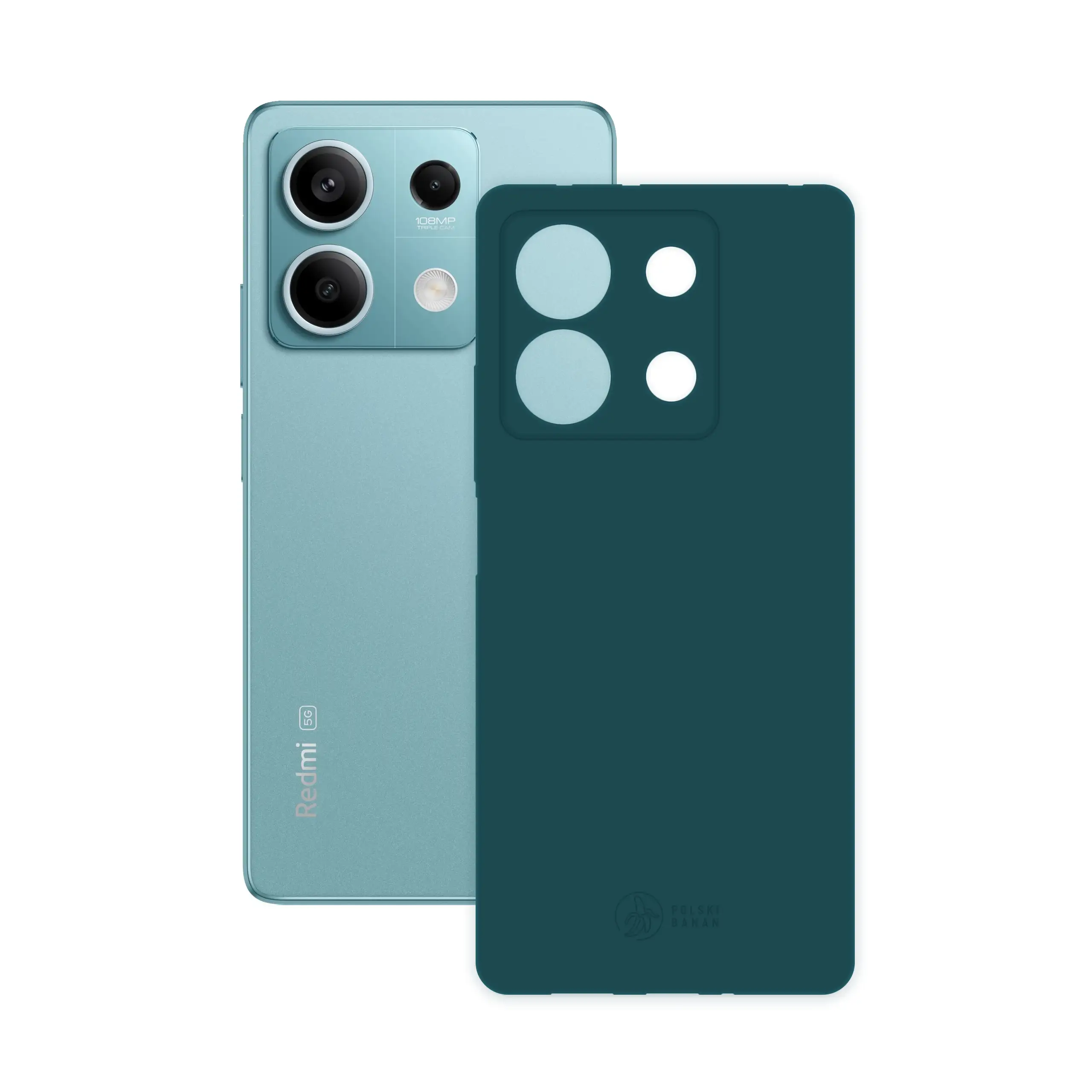 Etui silikonowe matowe morskie Polski Banan obok telefonu Xiaomi Redmi Note 13 5G