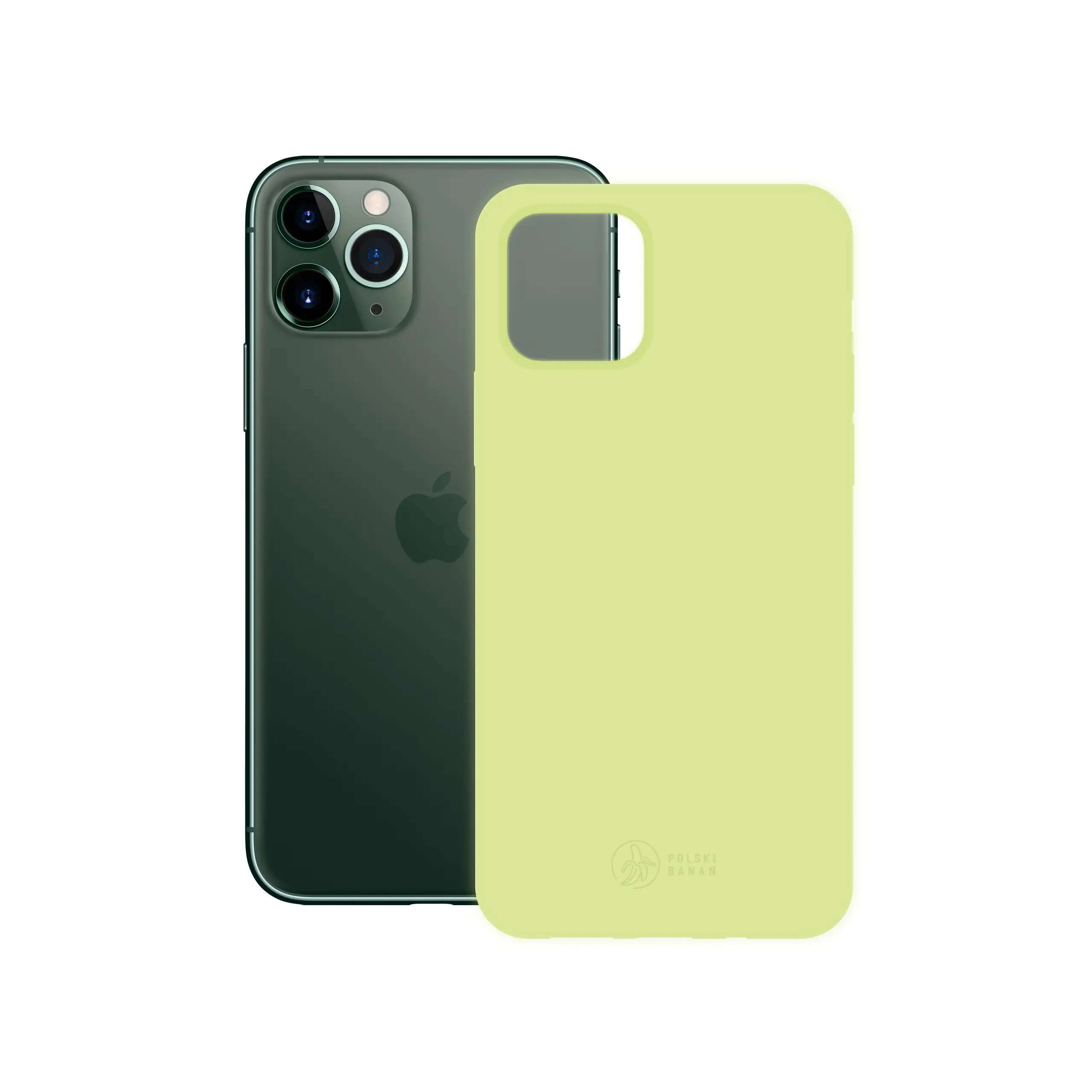 Etui silikonowe matowe pistacjowe Polski Banan obok telefonu Apple iPhone 11 Pro