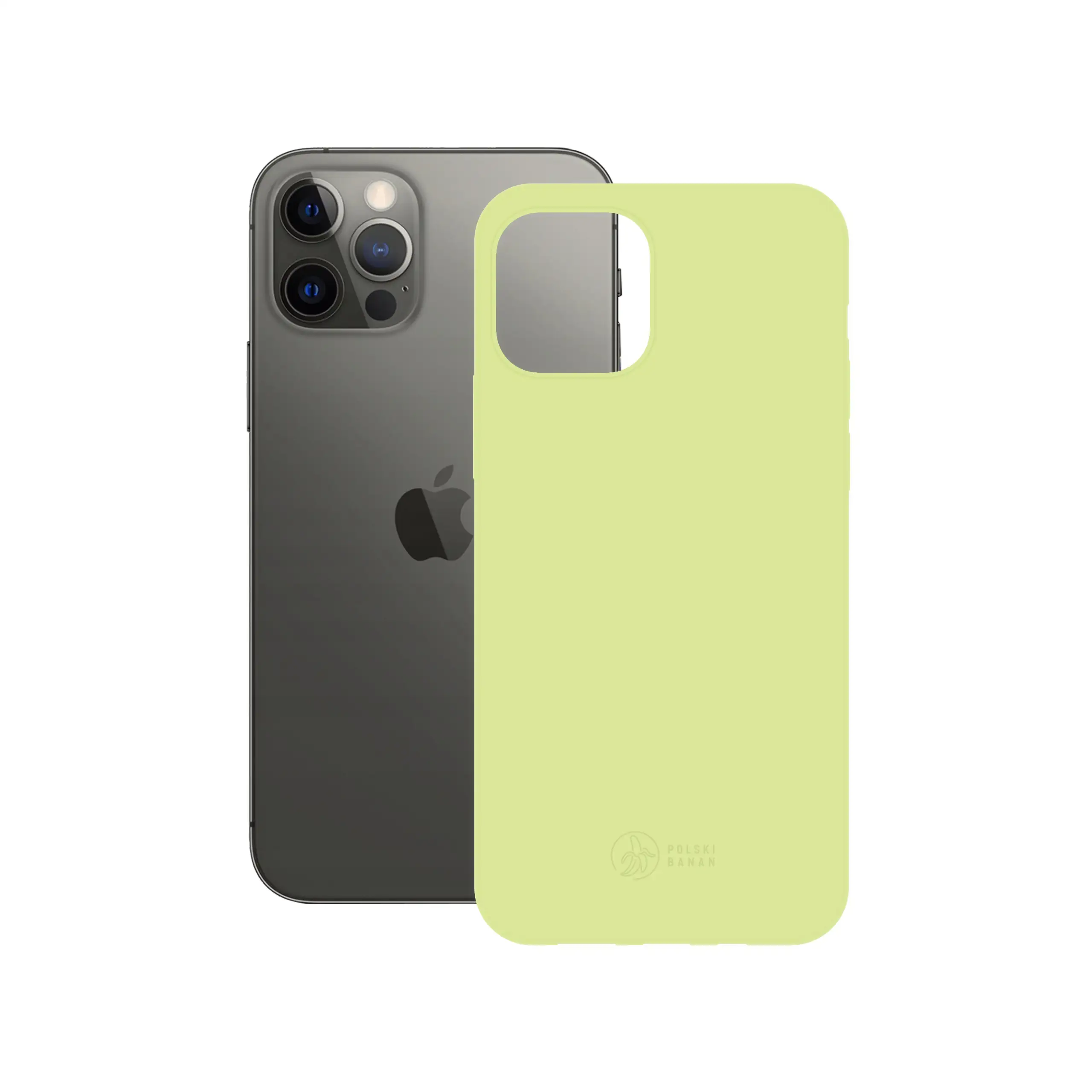 Etui silikonowe matowe pistacjowe Polski Banan obok telefonu Apple iPhone 12 / 12 Pro