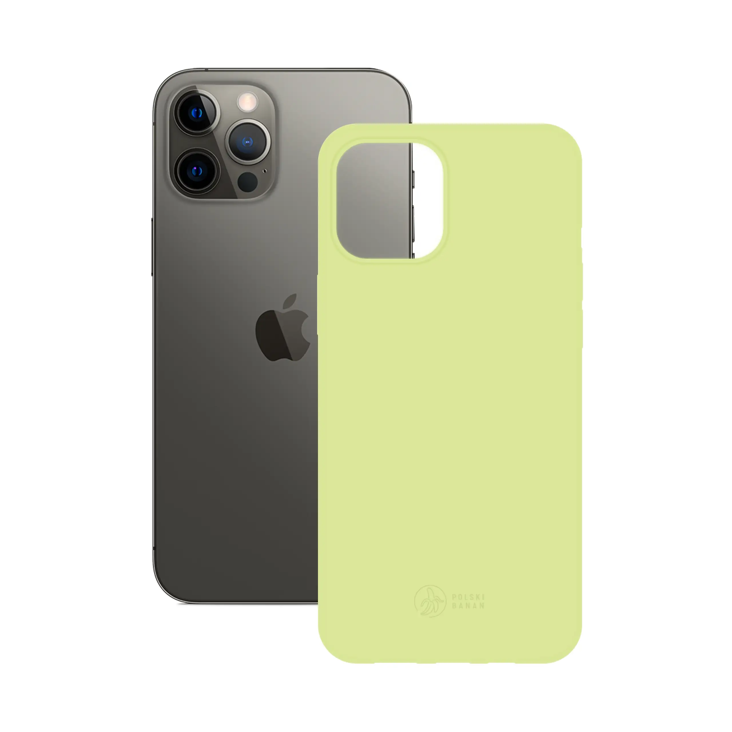 Etui silikonowe matowe pistacjowe Polski Banan obok telefonu Apple iPhone 12 Pro Max