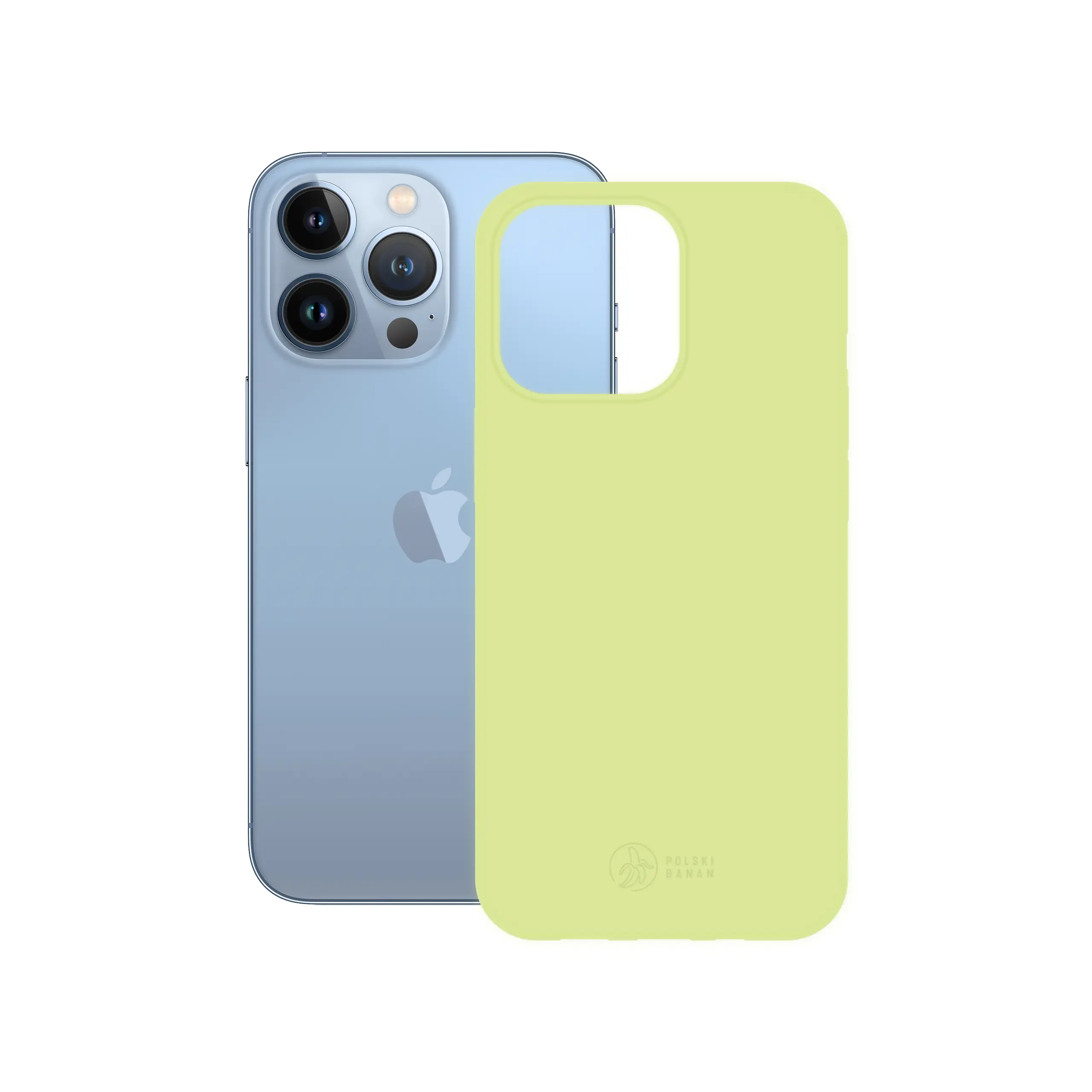 Etui silikonowe matowe pistacjowe Polski Banan obok telefonu Apple iPhone 13 Pro