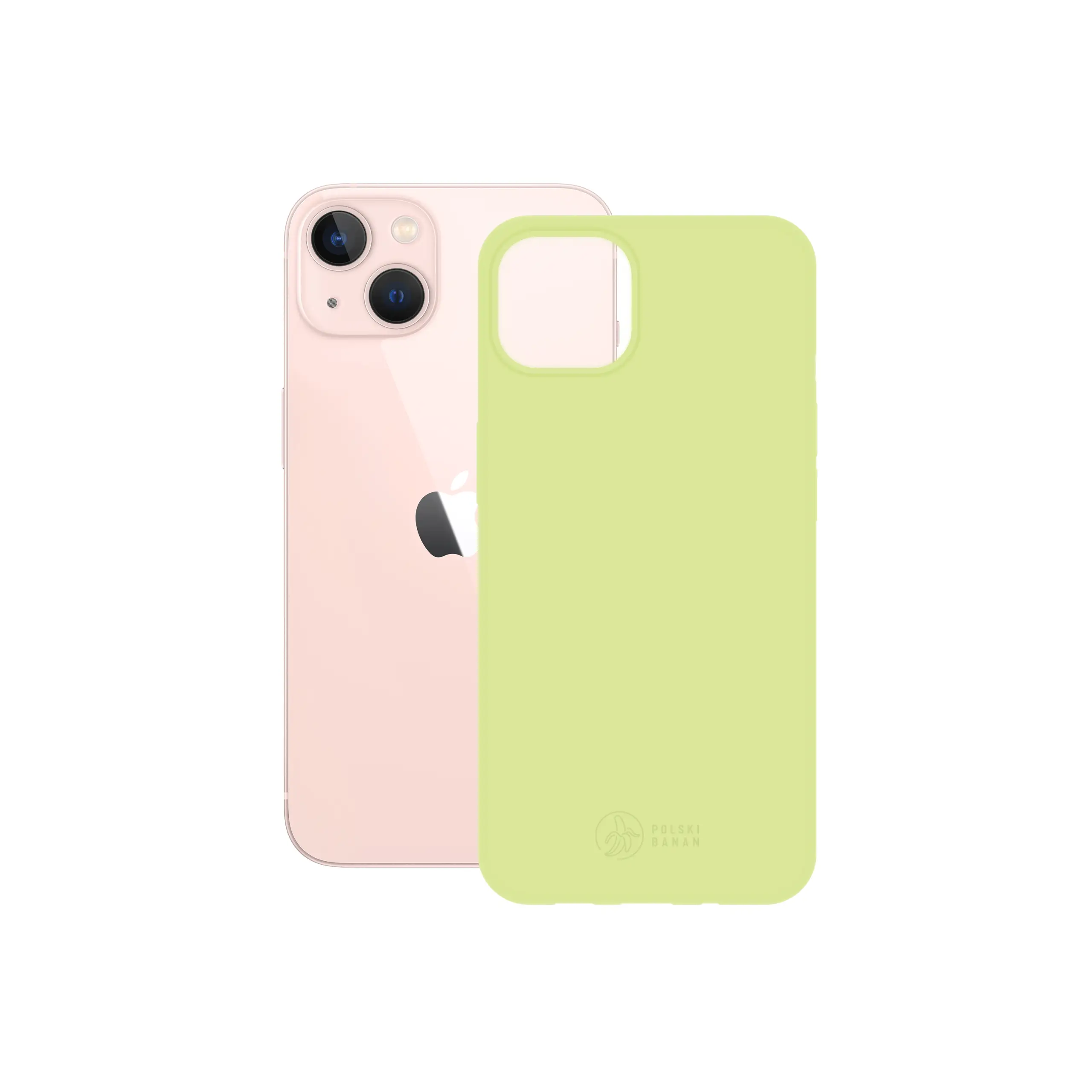 Etui silikonowe matowe pistacjowe Polski Banan obok telefonu Apple iPhone 13 mini