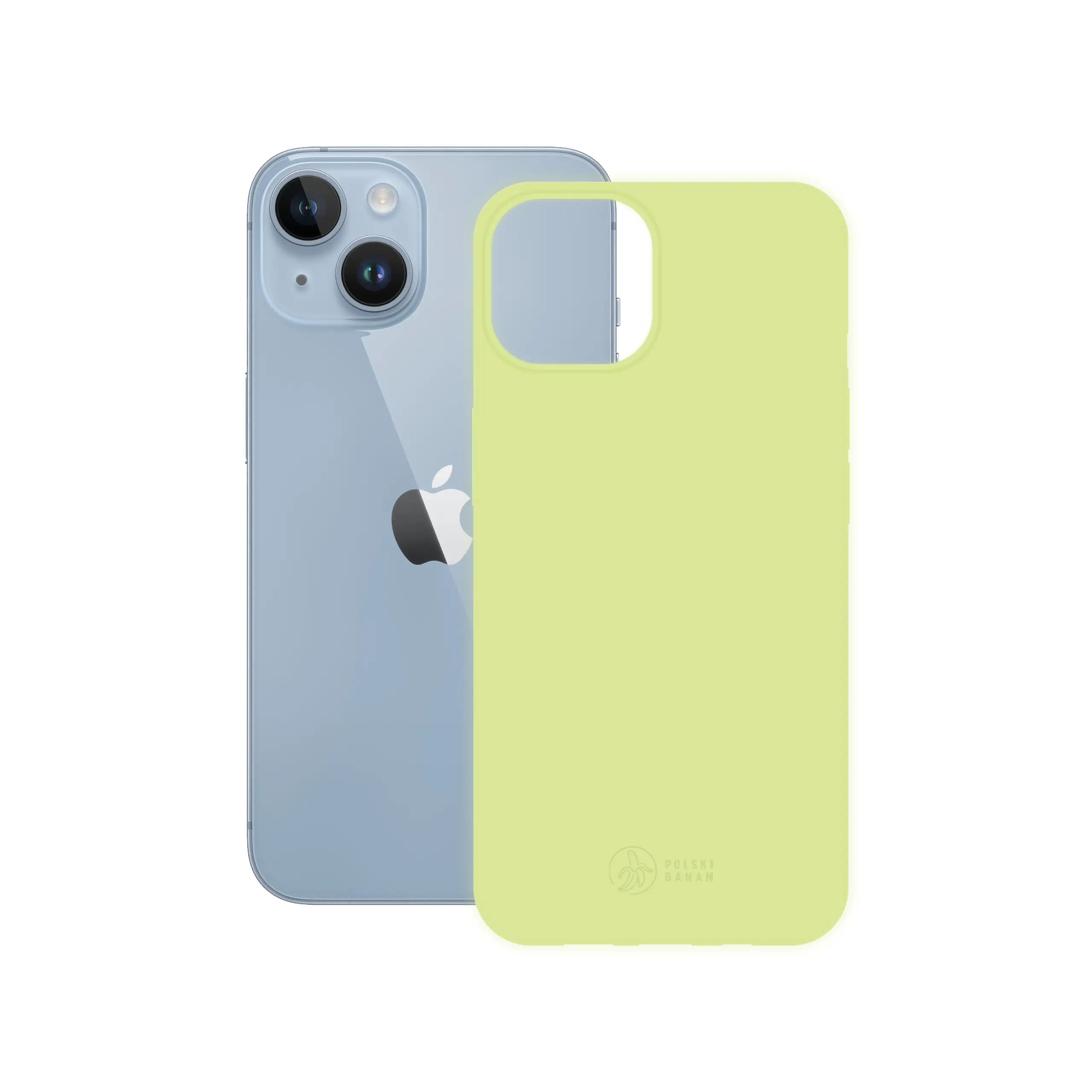 Etui silikonowe matowe pistacjowe Polski Banan obok telefonu Apple iPhone 14