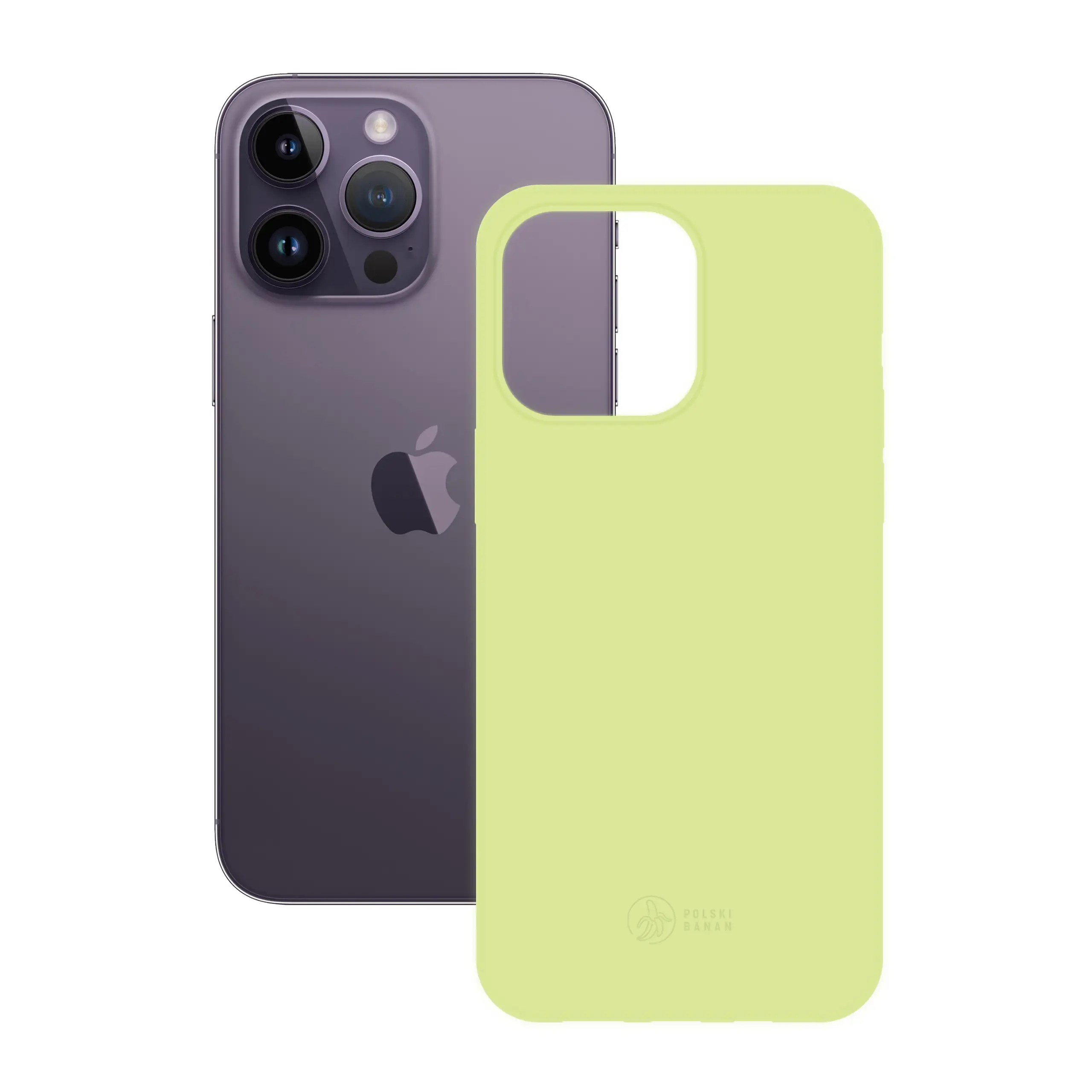 Etui silikonowe matowe pistacjowe Polski Banan obok telefonu Apple iPhone 14 Pro Max