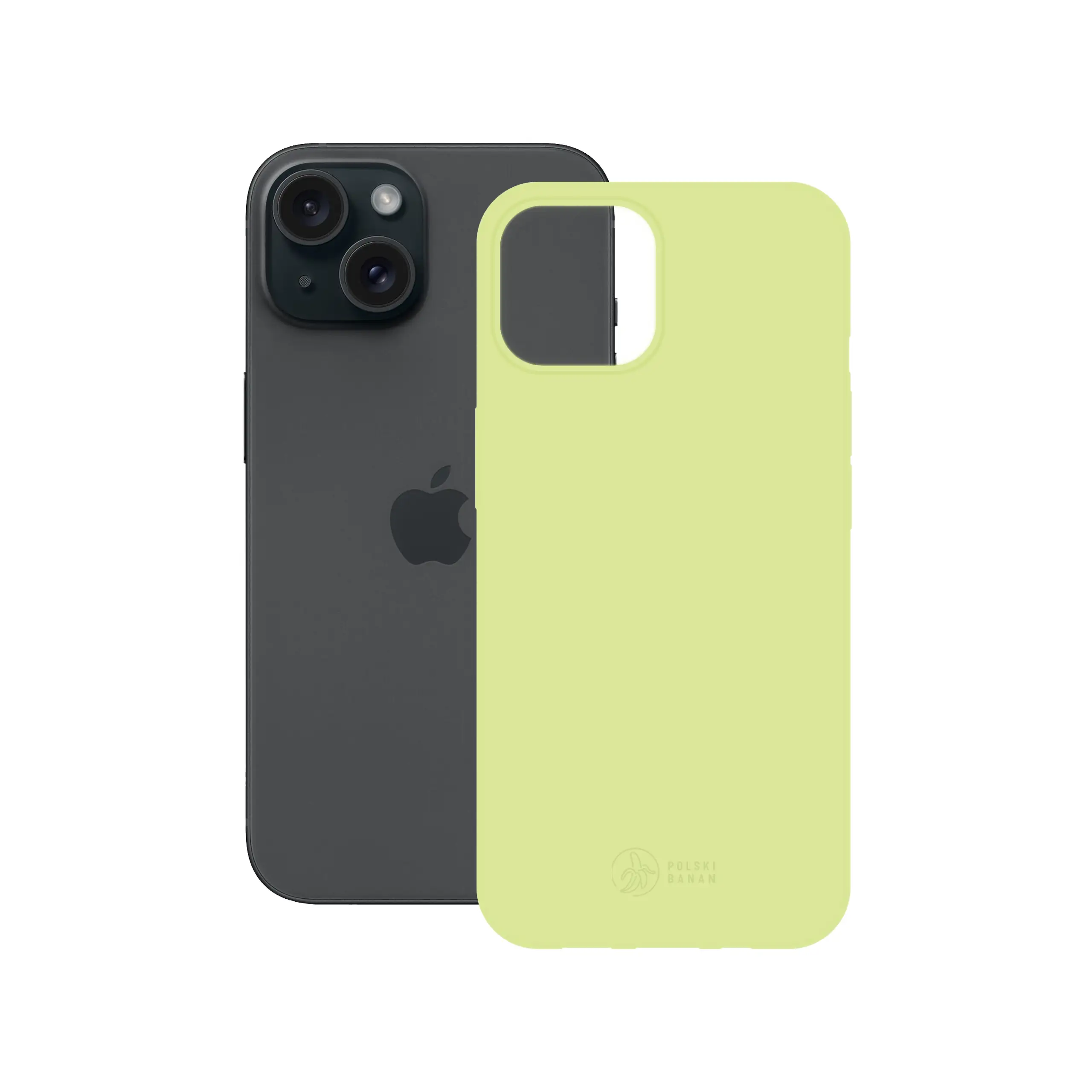 Etui silikonowe matowe pistacjowe Polski Banan obok telefonu Apple iPhone 15