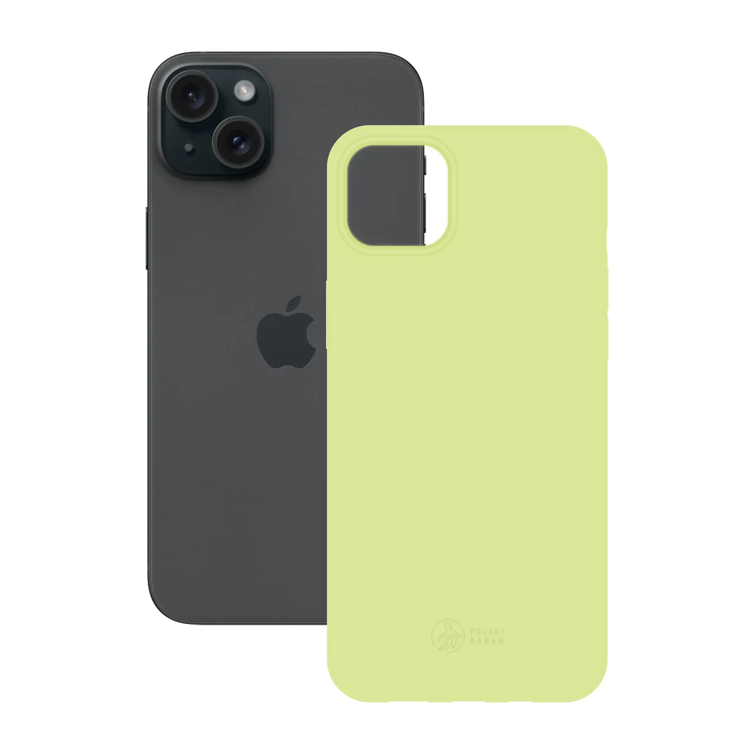 Etui silikonowe matowe pistacjowe Polski Banan obok telefonu Apple iPhone 15 Plus