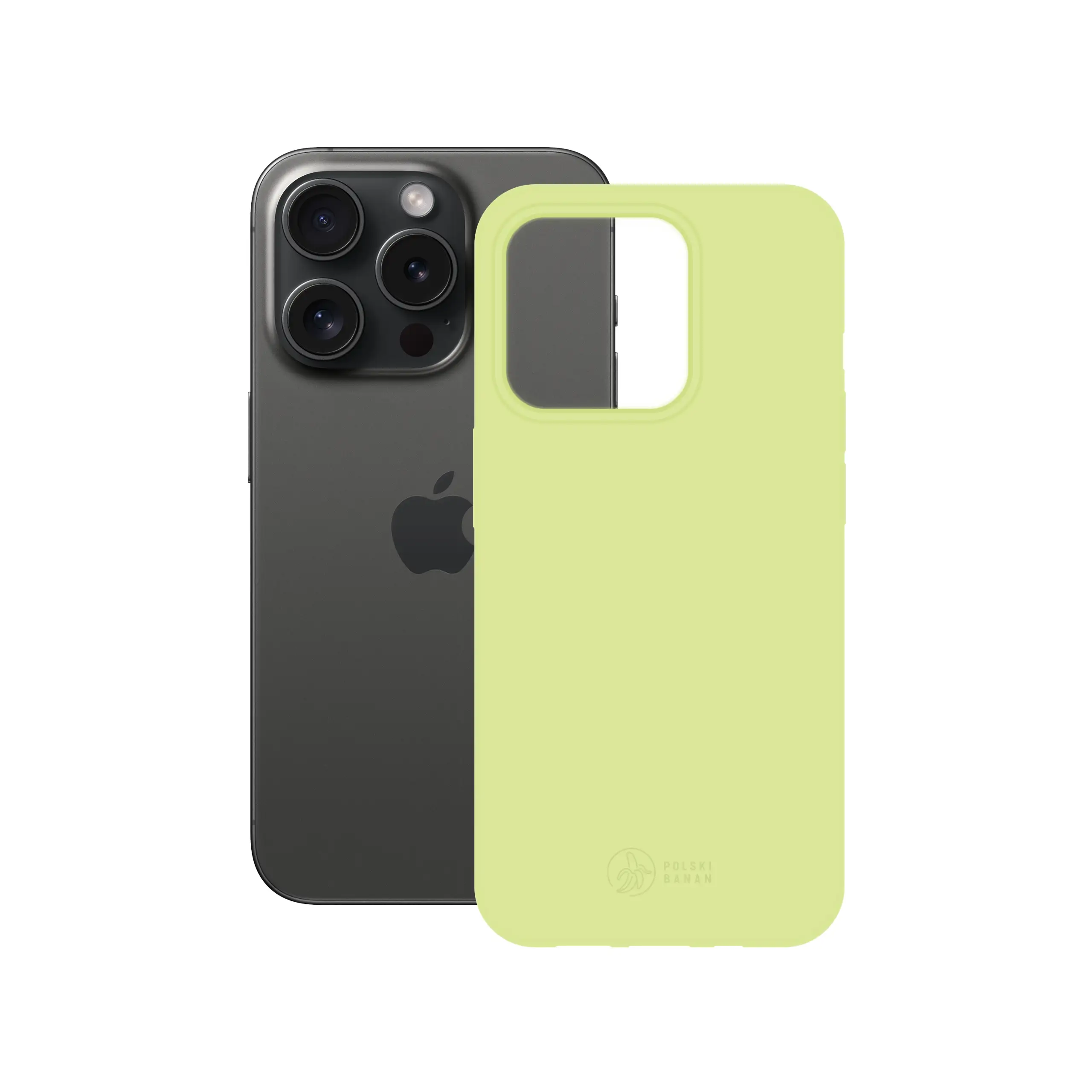 Etui silikonowe matowe pistacjowe Polski Banan obok telefonu Apple iPhone 15 Pro