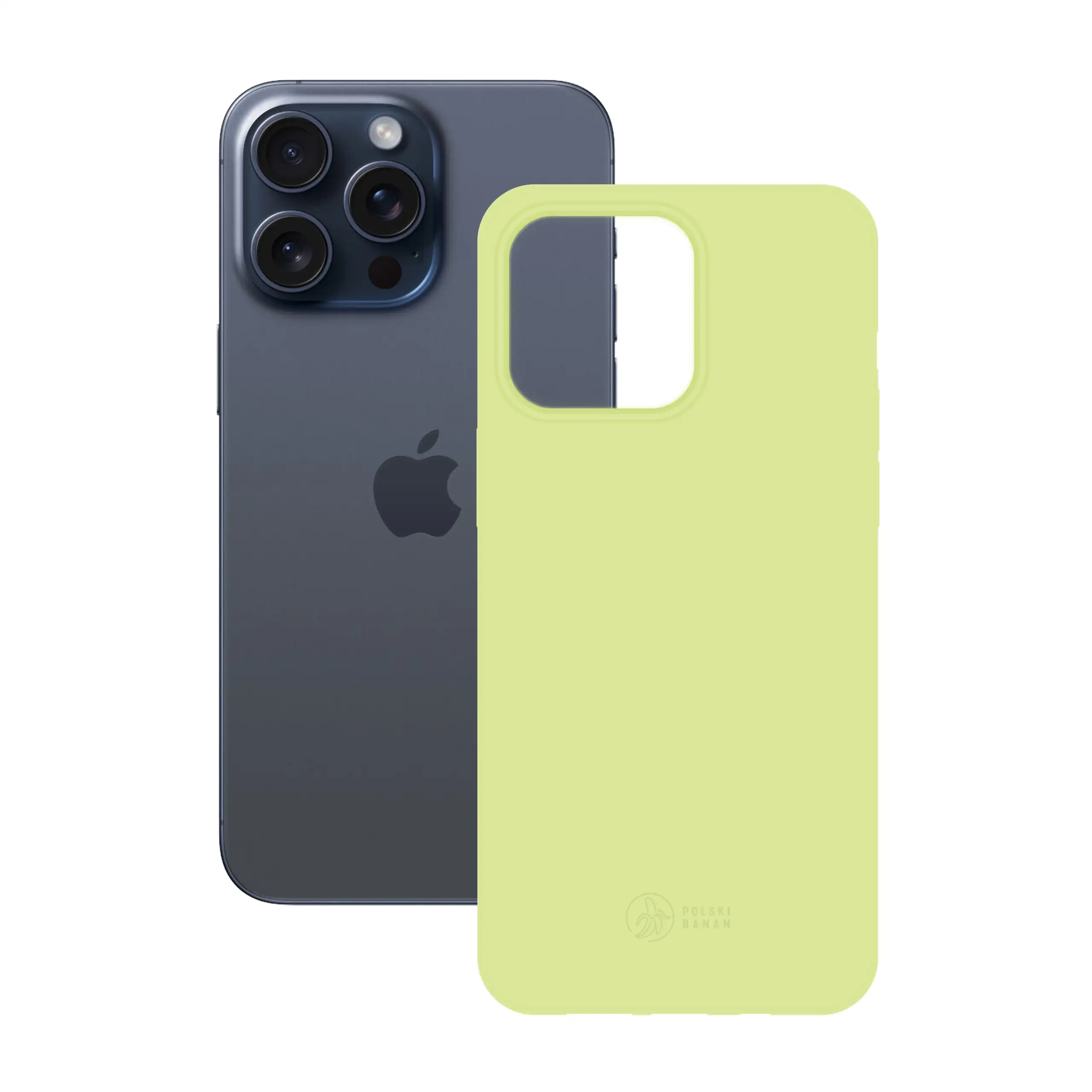 Etui silikonowe matowe pistacjowe Polski Banan obok telefonu Apple iPhone 15 Pro Max