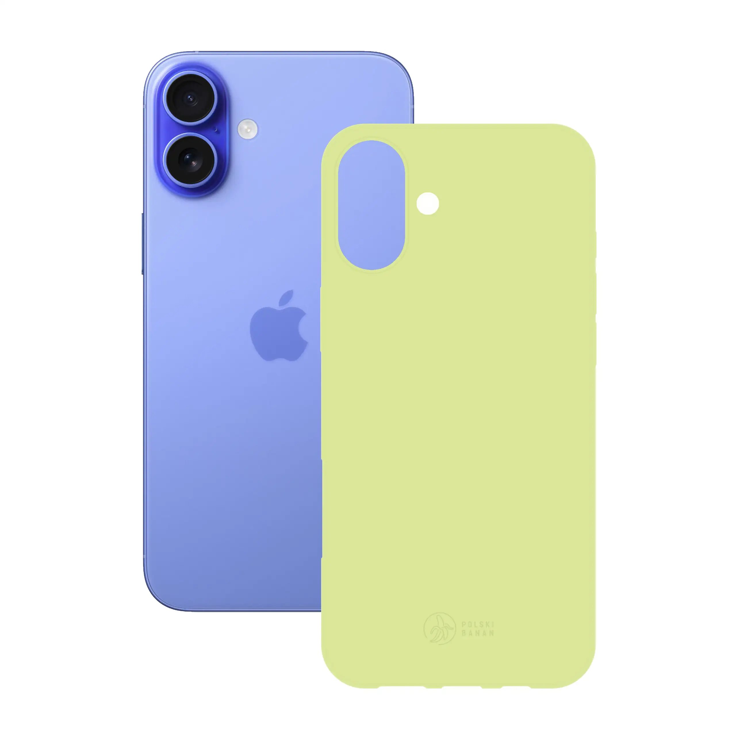 Etui silikonowe matowe pistacjowe Polski Banan obok telefonu Apple iPhone 16 Plus