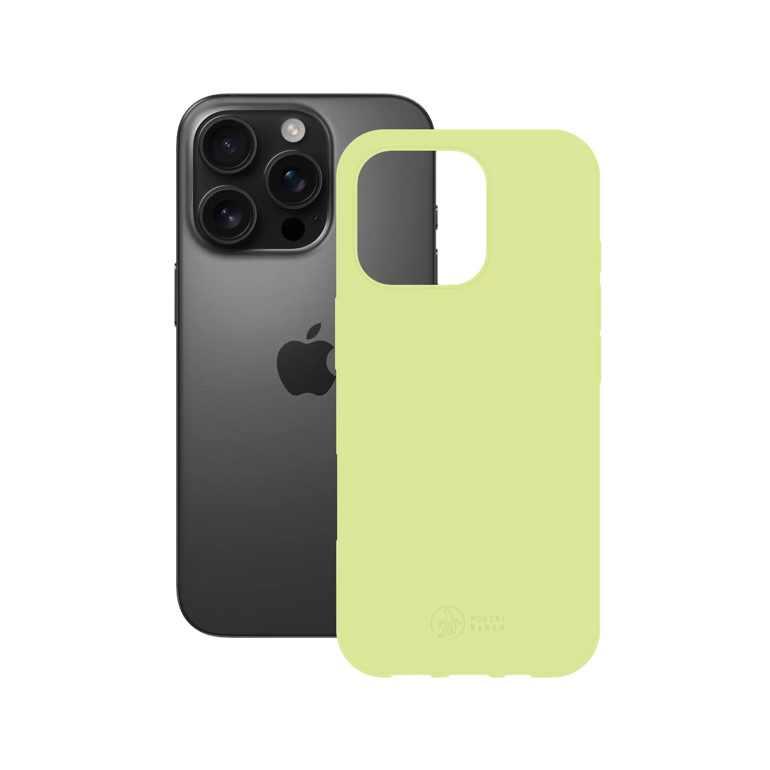 Etui silikonowe matowe pistacjowe Polski Banan obok telefonu Apple iPhone 16 Pro