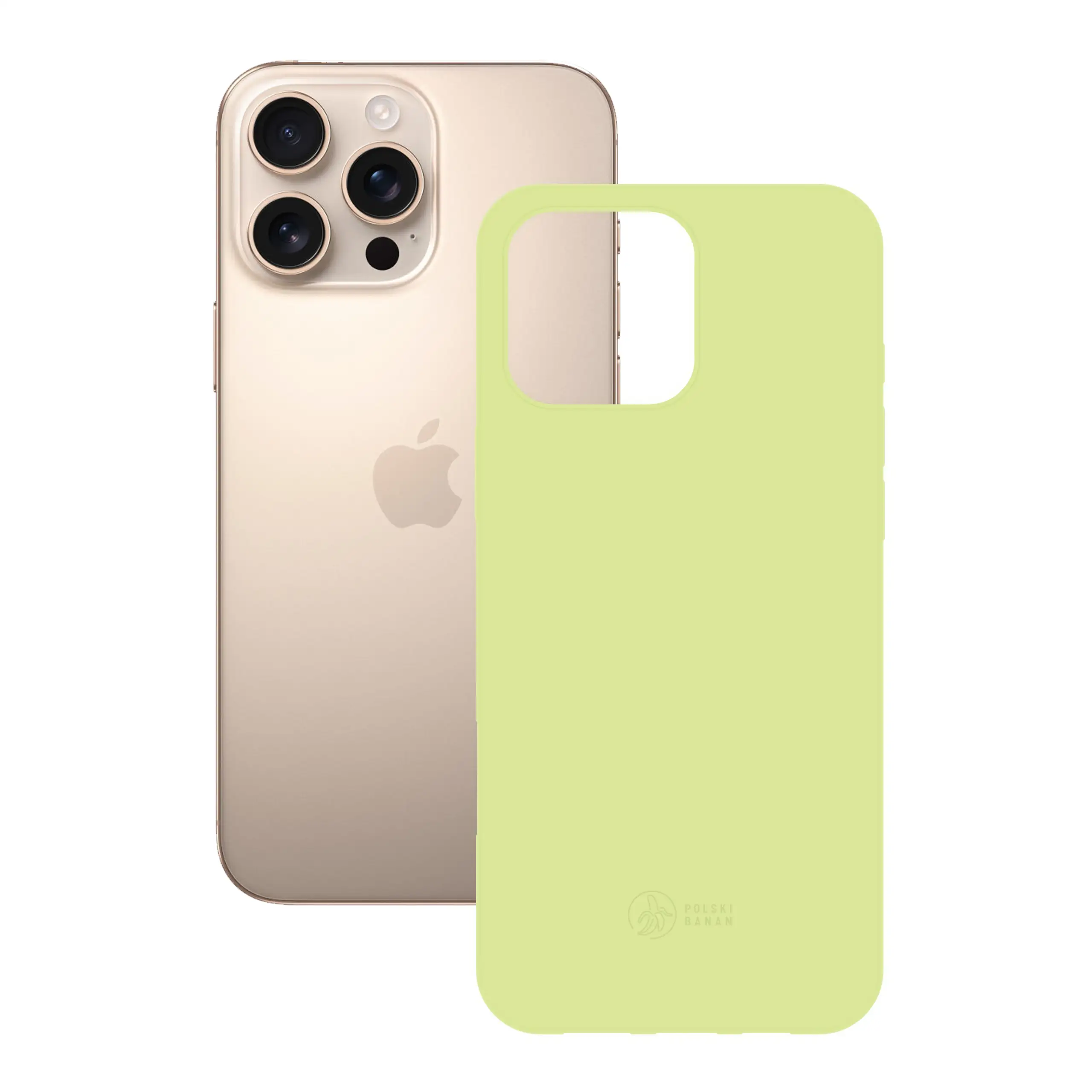 Etui silikonowe matowe pistacjowe Polski Banan obok telefonu Apple iPhone 16 Pro Max