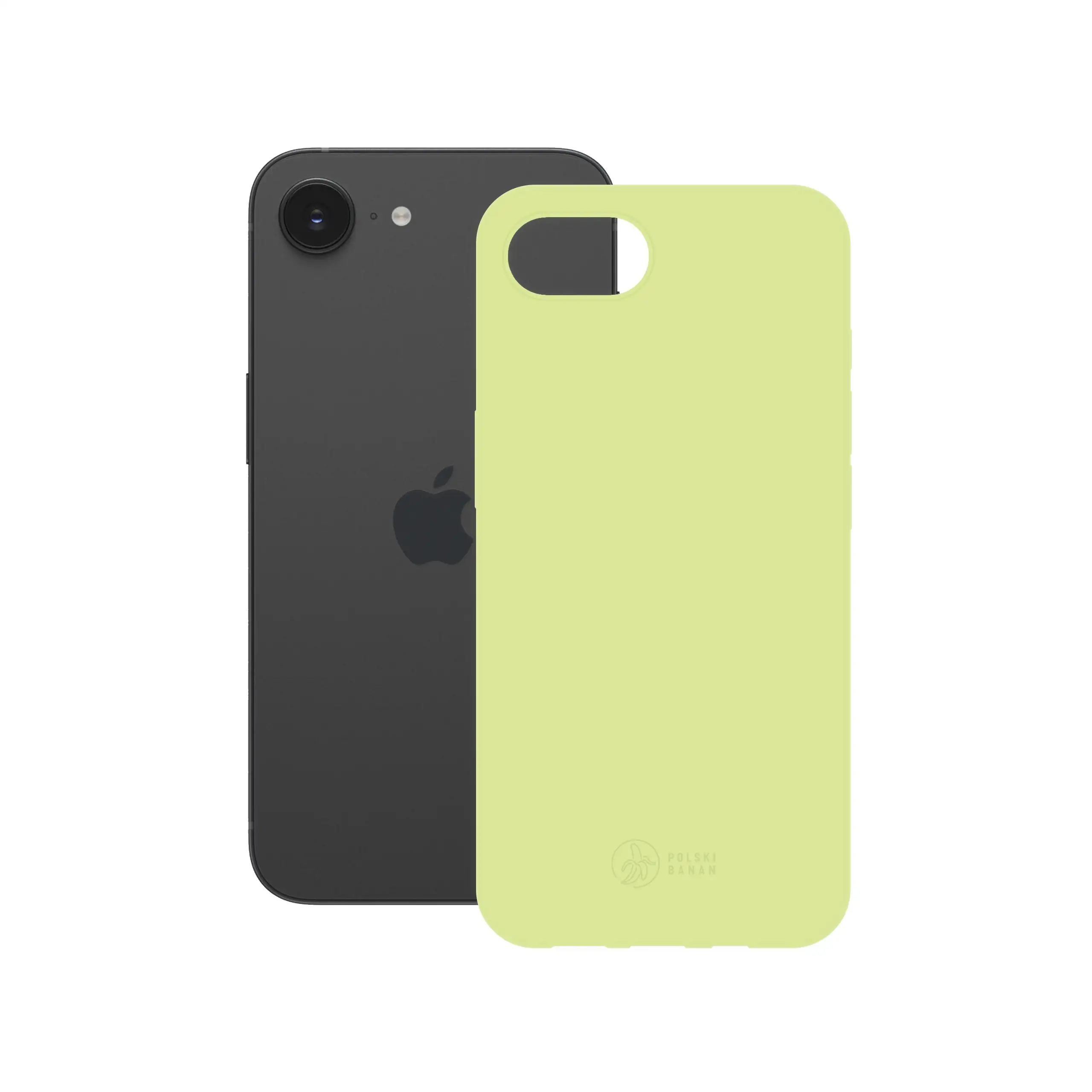 Etui silikonowe matowe pistacjowe Polski Banan obok telefonu Apple iPhone 16e