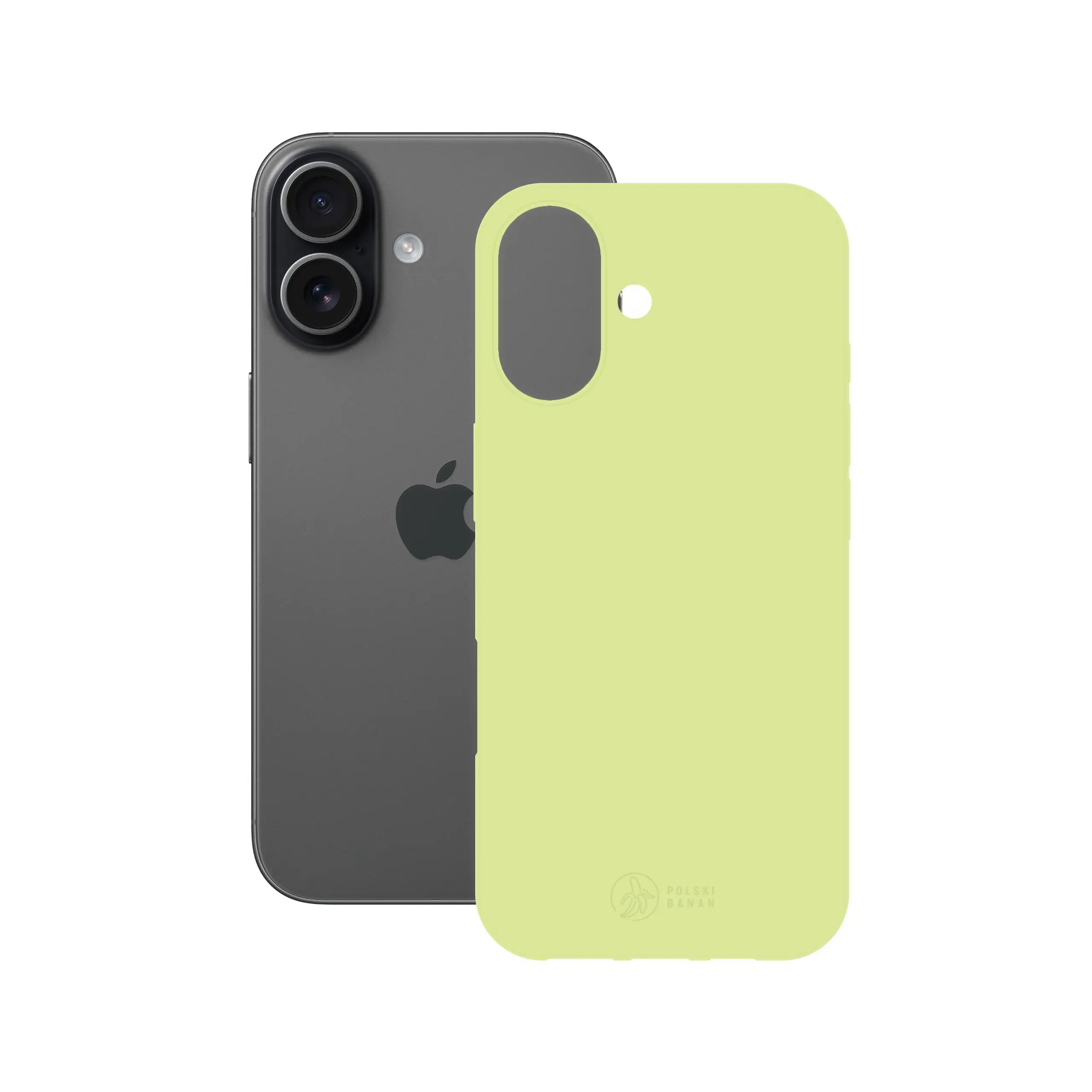 Etui silikonowe matowe pistacjowe Polski Banan obok telefonu Apple iPhone 17