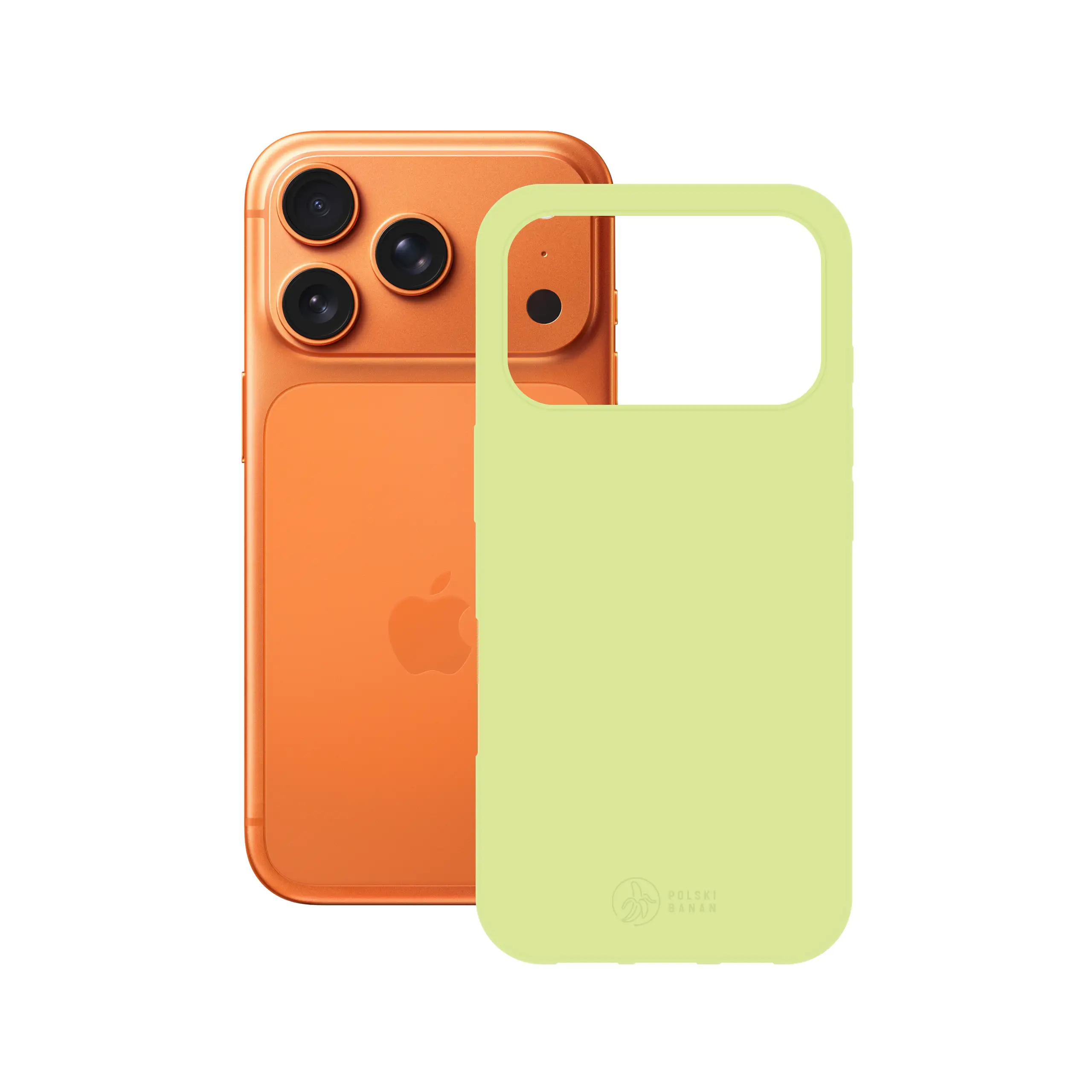 Etui silikonowe matowe pistacjowe Polski Banan obok telefonu Apple iPhone 17 Pro