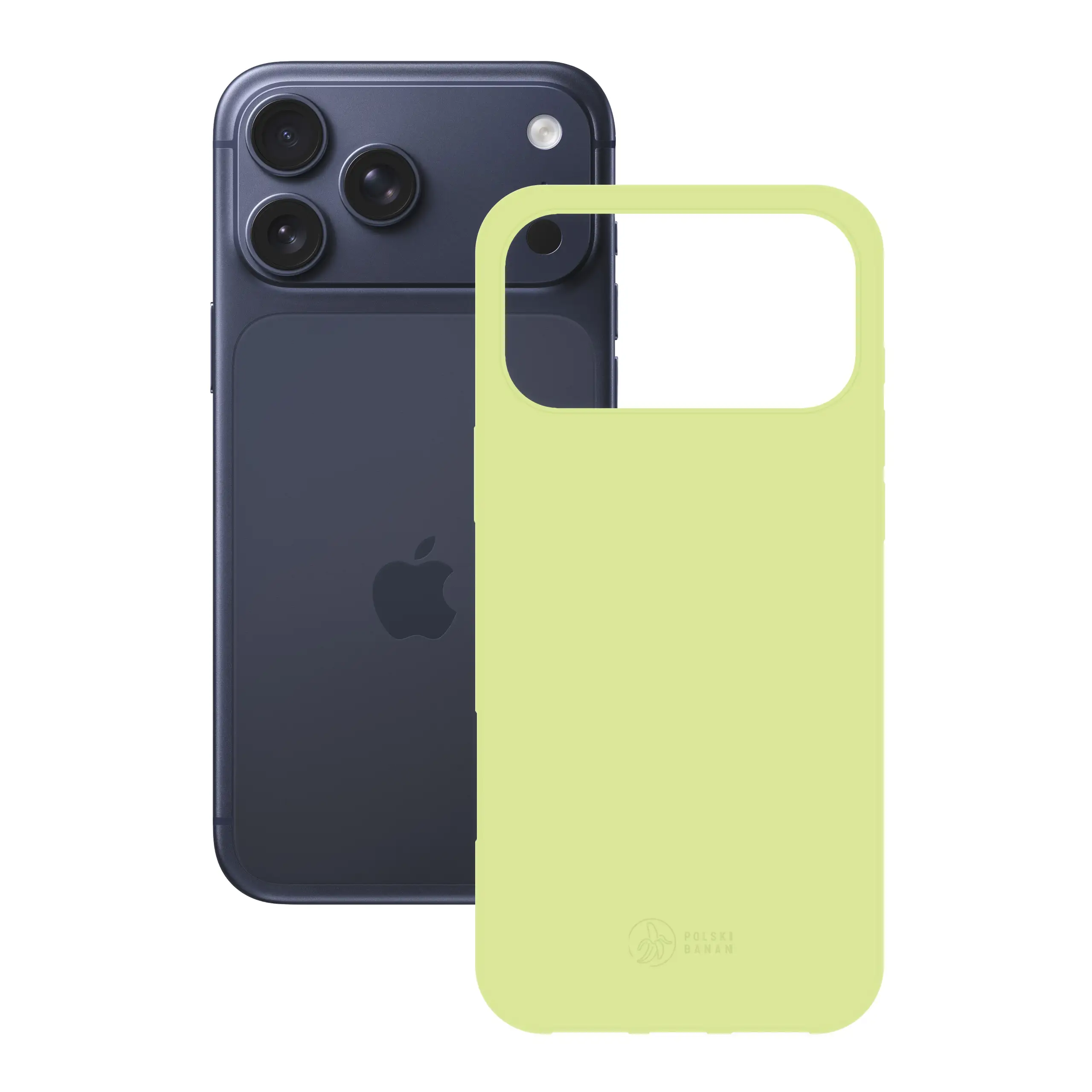 Etui silikonowe matowe pistacjowe Polski Banan obok telefonu Apple iPhone 17 Pro Max