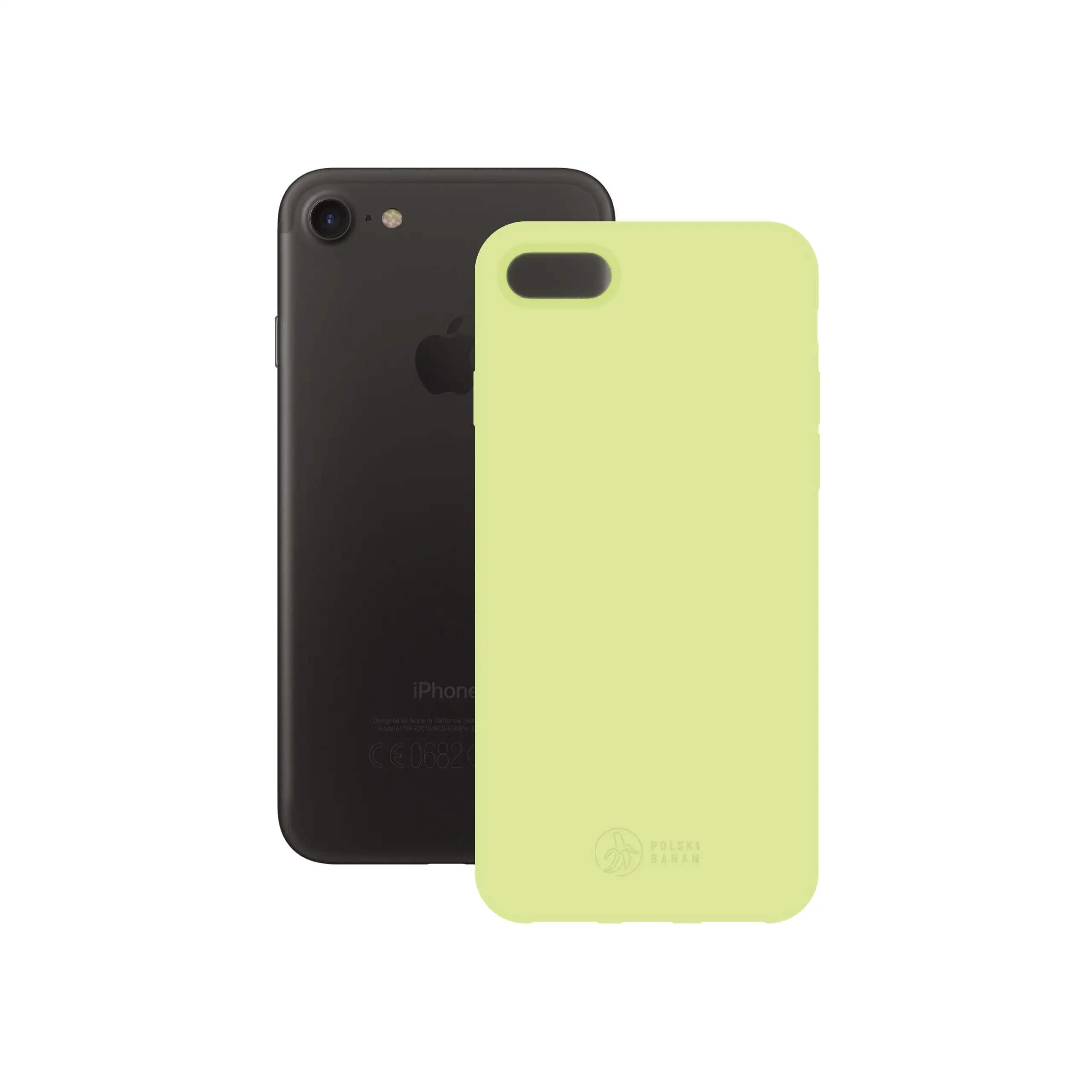 Etui silikonowe matowe pistacjowe Polski Banan obok telefonu Apple iPhone 7 / 8 / SE 2020 / SE 2022