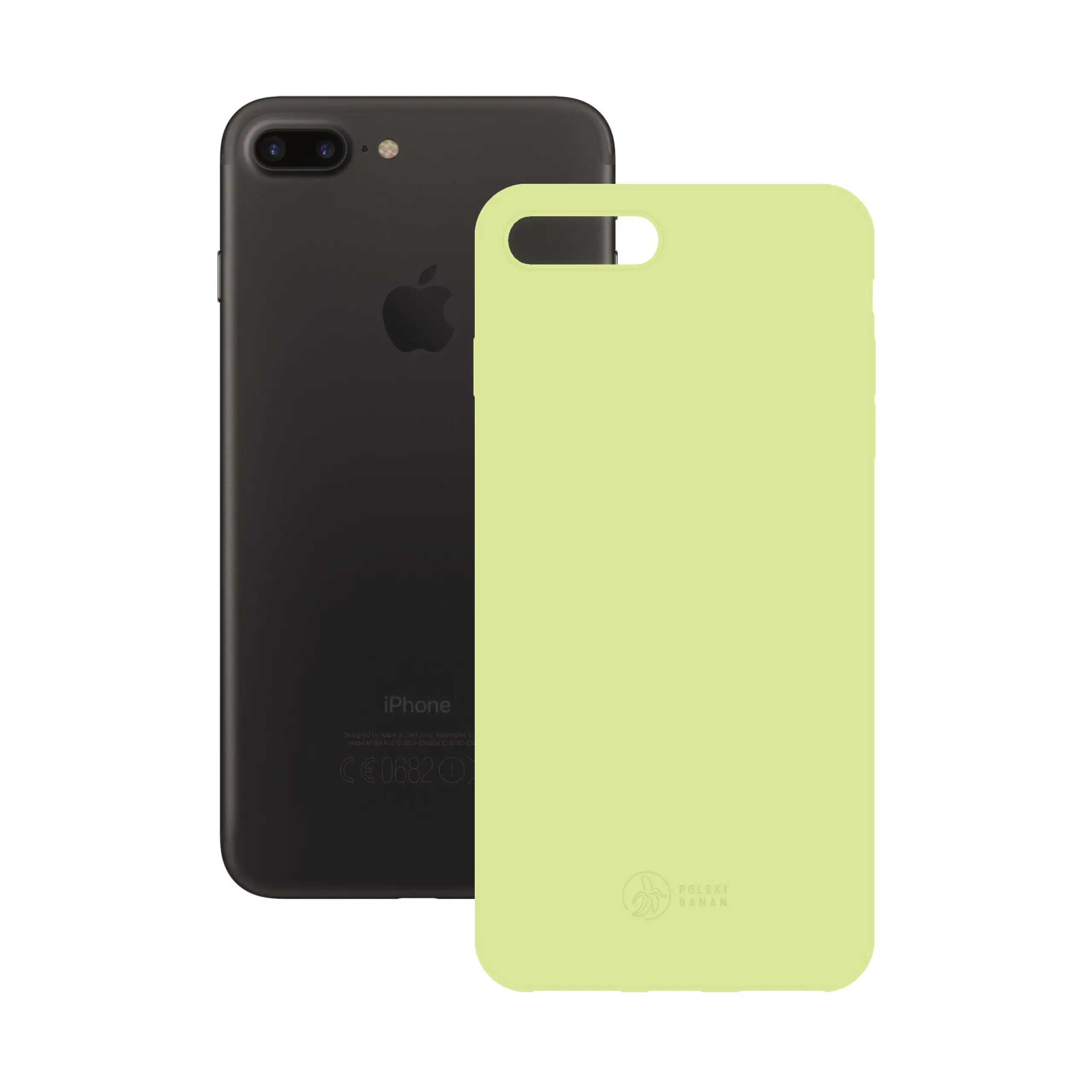 Etui silikonowe matowe pistacjowe Polski Banan obok telefonu Apple iPhone 7 PLUS / 8 PLUS