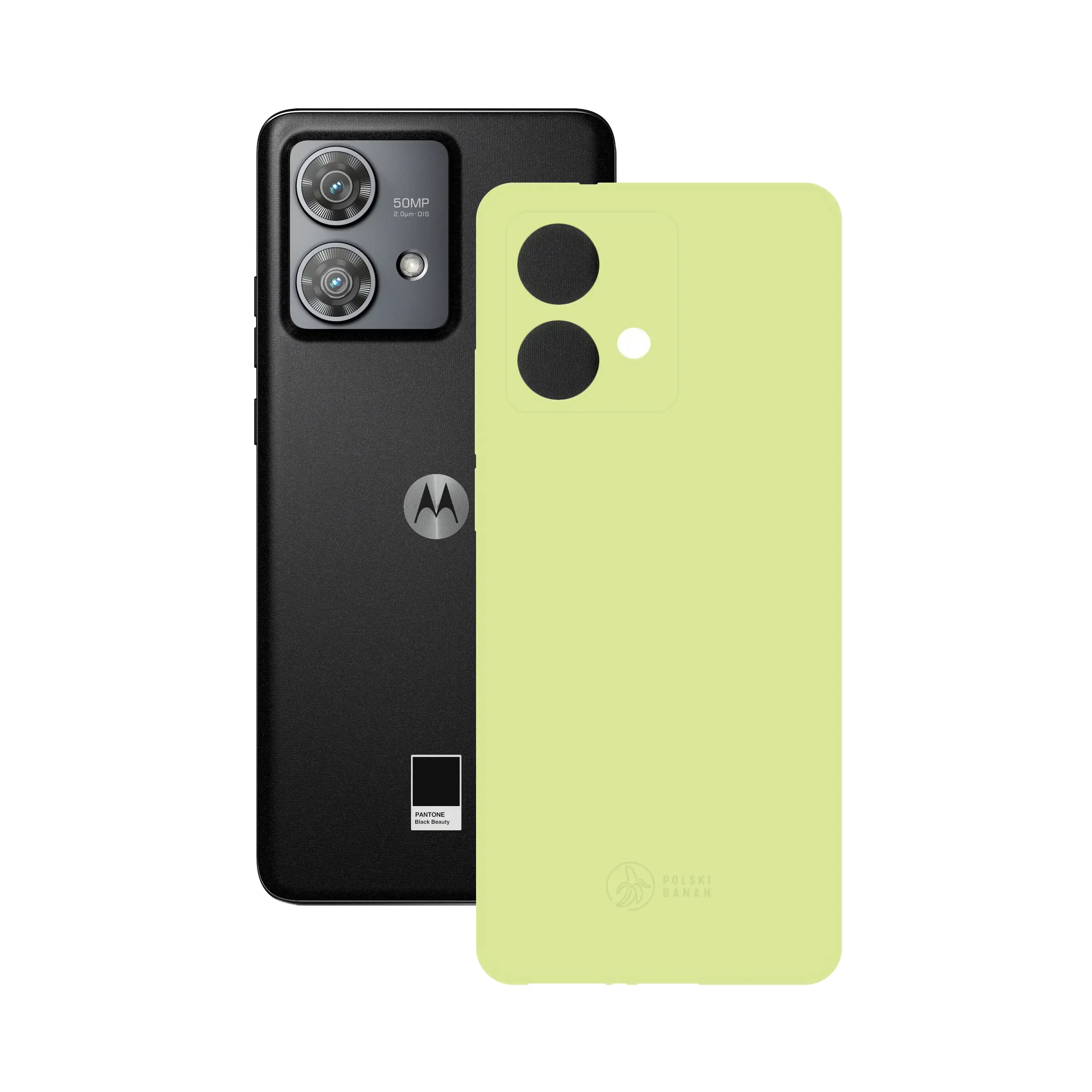 Etui silikonowe matowe pistacjowe Polski Banan obok telefonu Motorola Edge 40 Neo