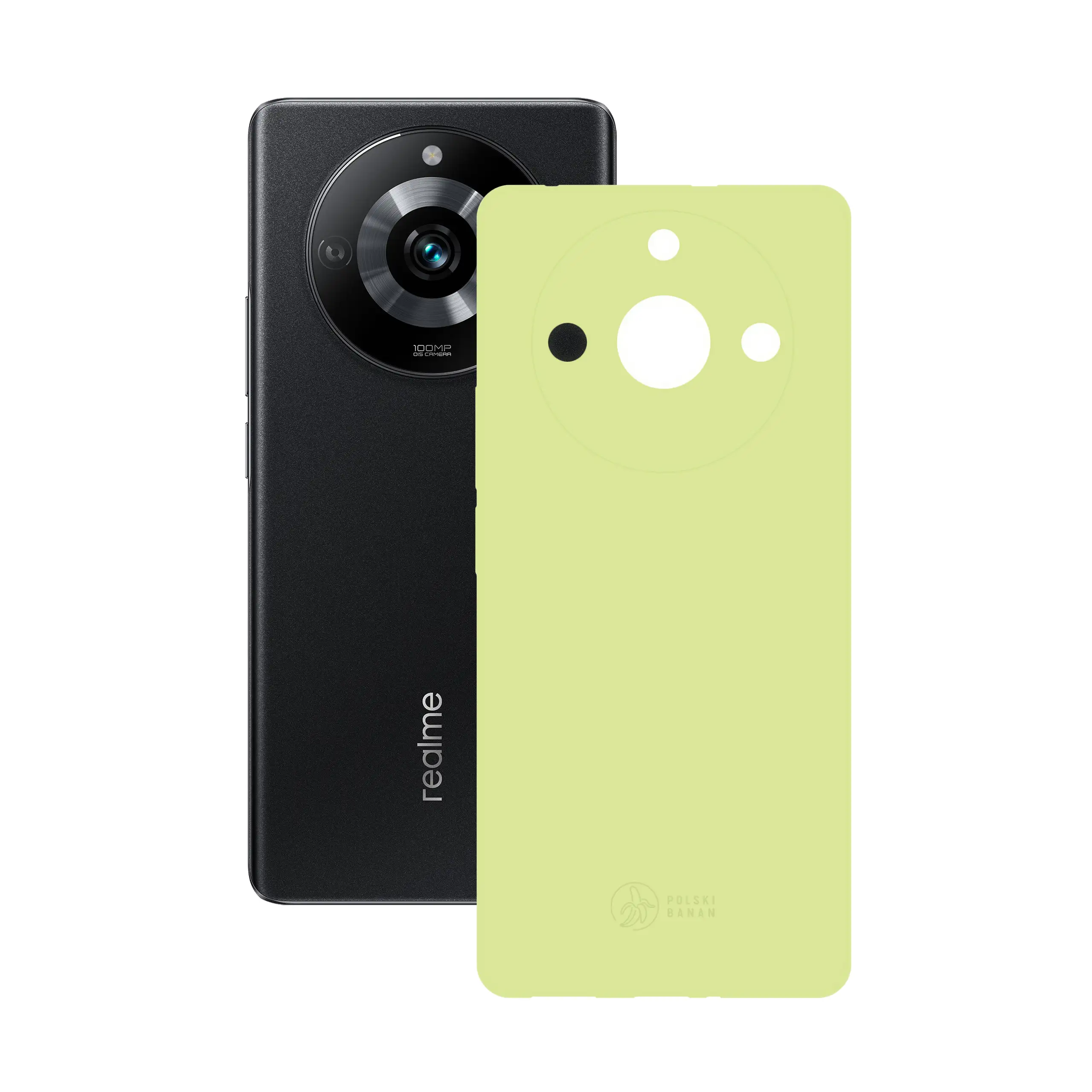 Etui silikonowe matowe pistacjowe Polski Banan obok telefonu Realme 11 Pro / 11 Pro Plus