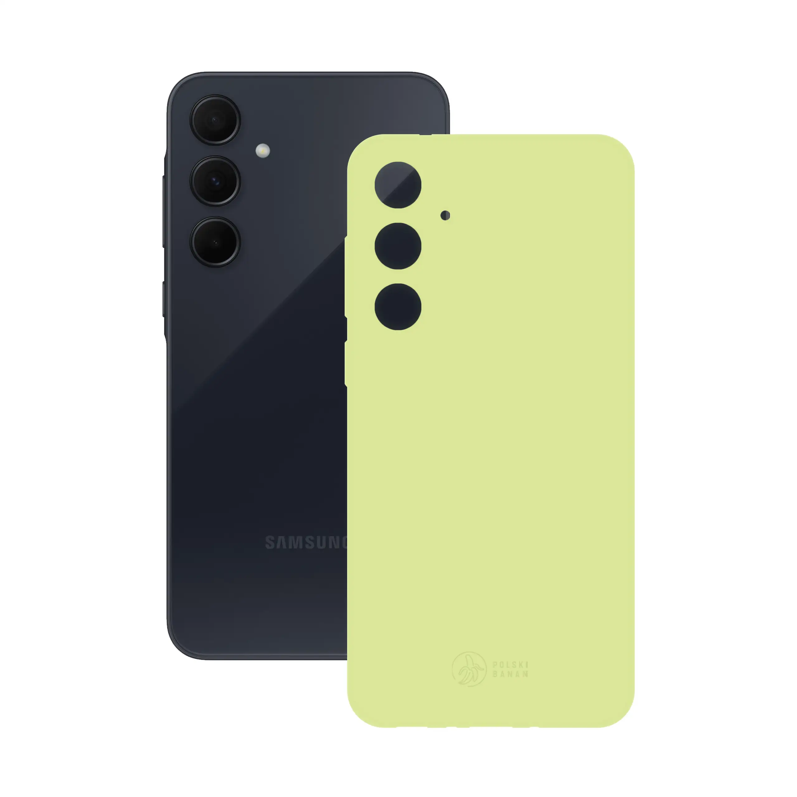Etui silikonowe matowe pistacjowe Polski Banan obok telefonu Samsung Galaxy A35 5G