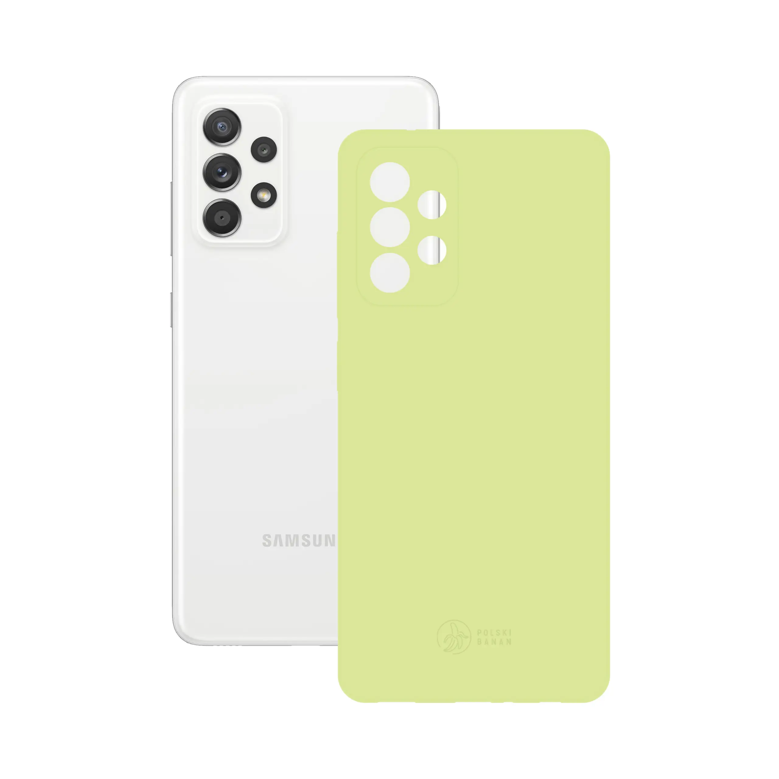 Etui silikonowe matowe pistacjowe Polski Banan obok telefonu Samsung Galaxy A52 / A52s