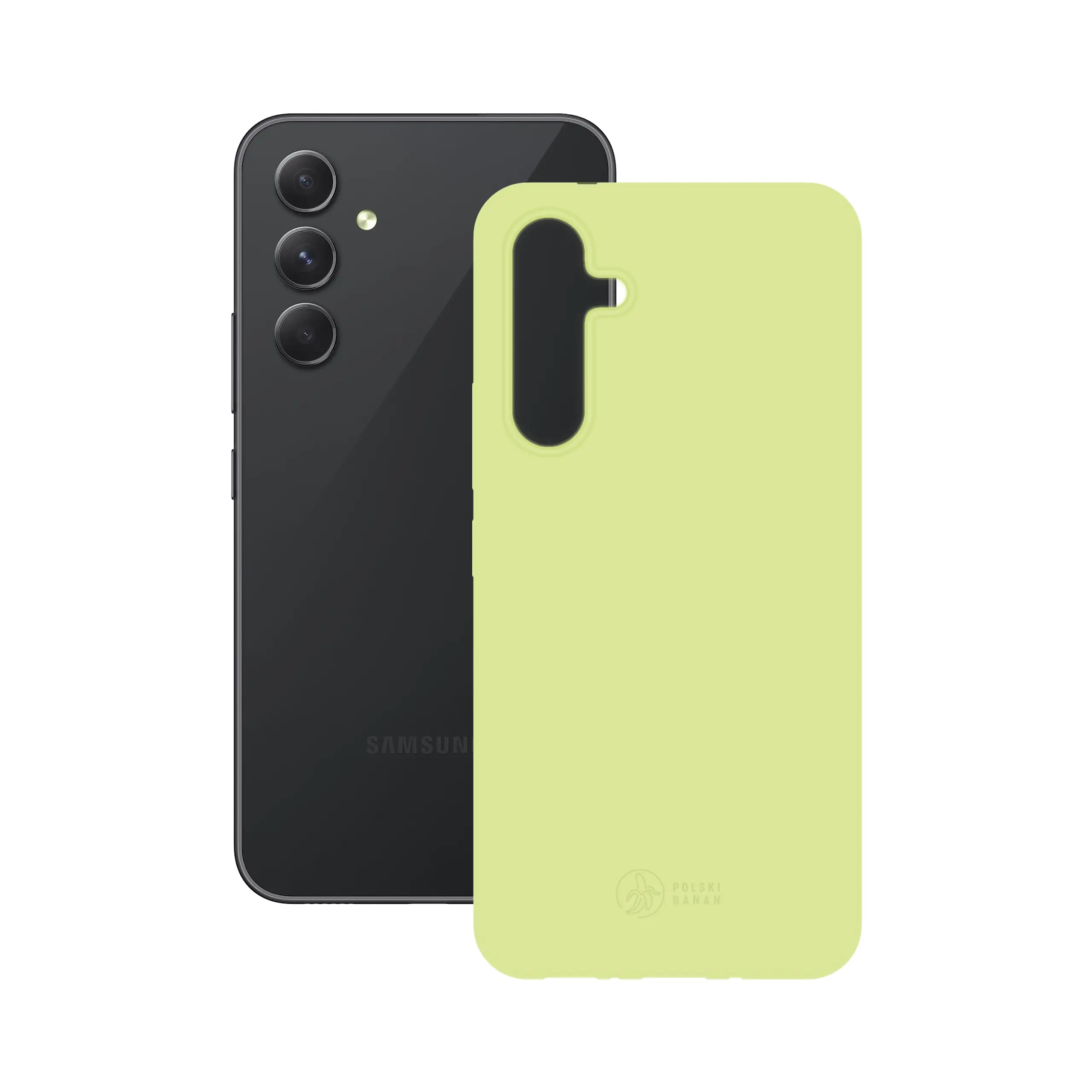 Etui silikonowe matowe pistacjowe Polski Banan obok telefonu Samsung Galaxy A54