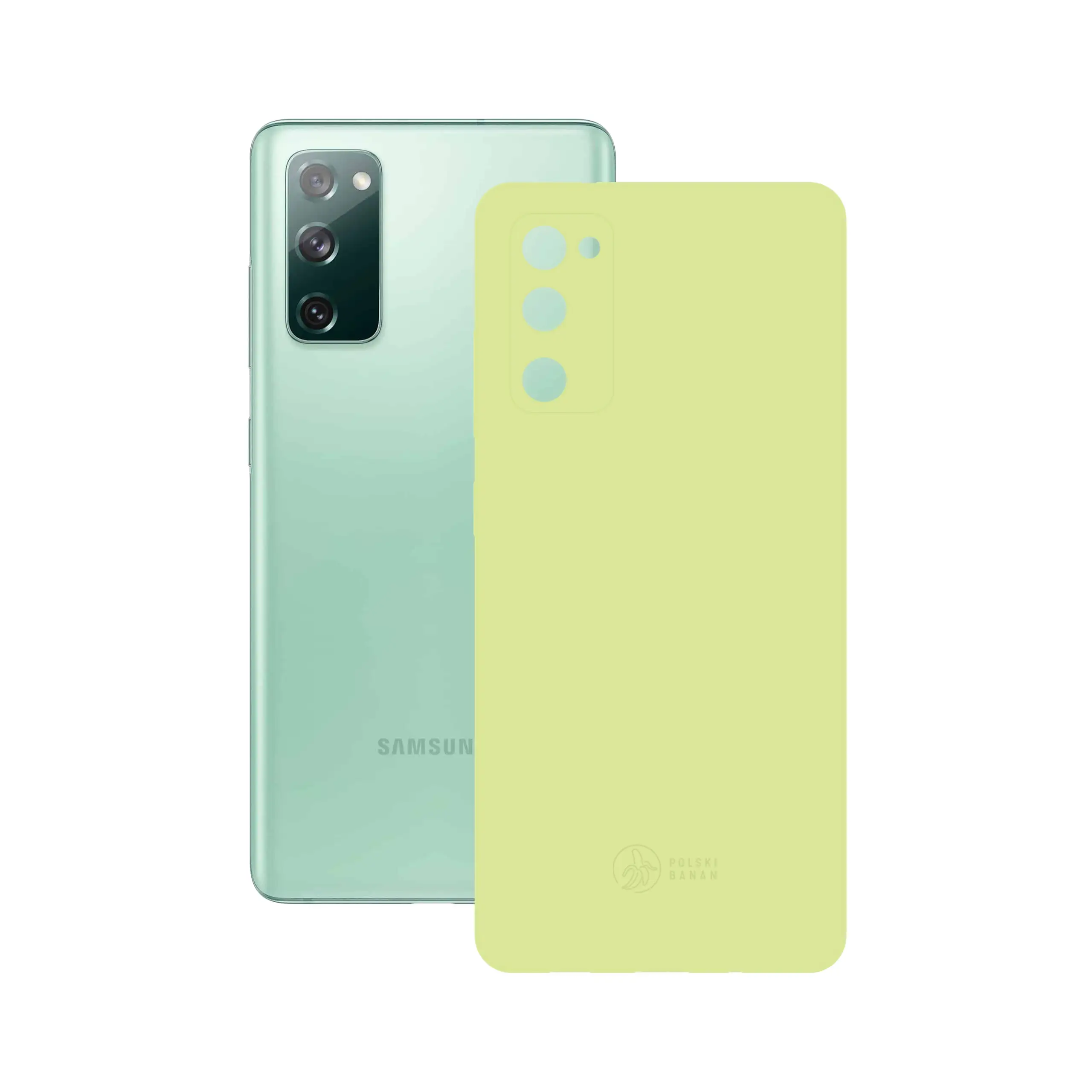 Etui silikonowe matowe pistacjowe Polski Banan obok telefonu Samsung Galaxy S20 FE