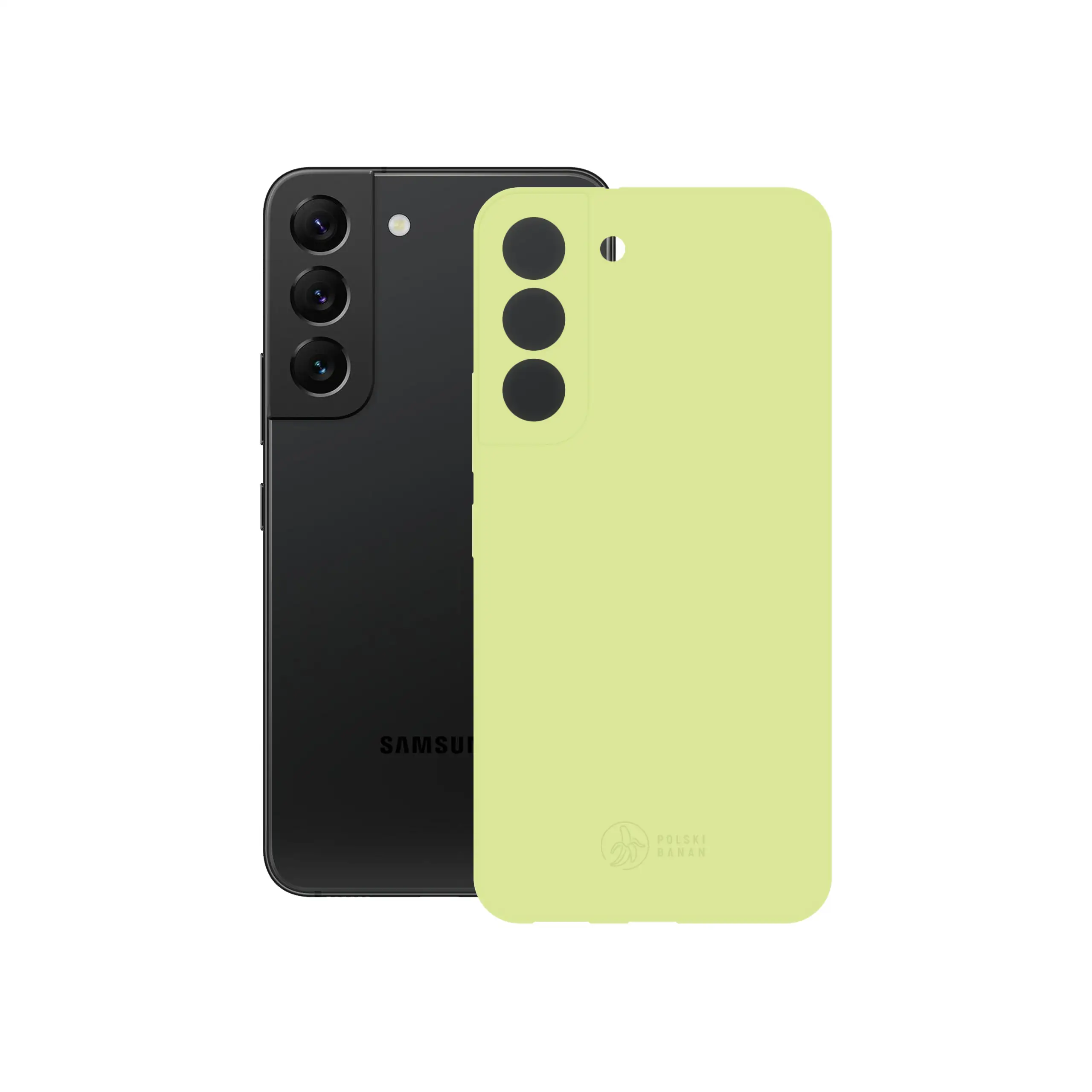 Etui silikonowe matowe pistacjowe Polski Banan obok telefonu Samsung Galaxy S22