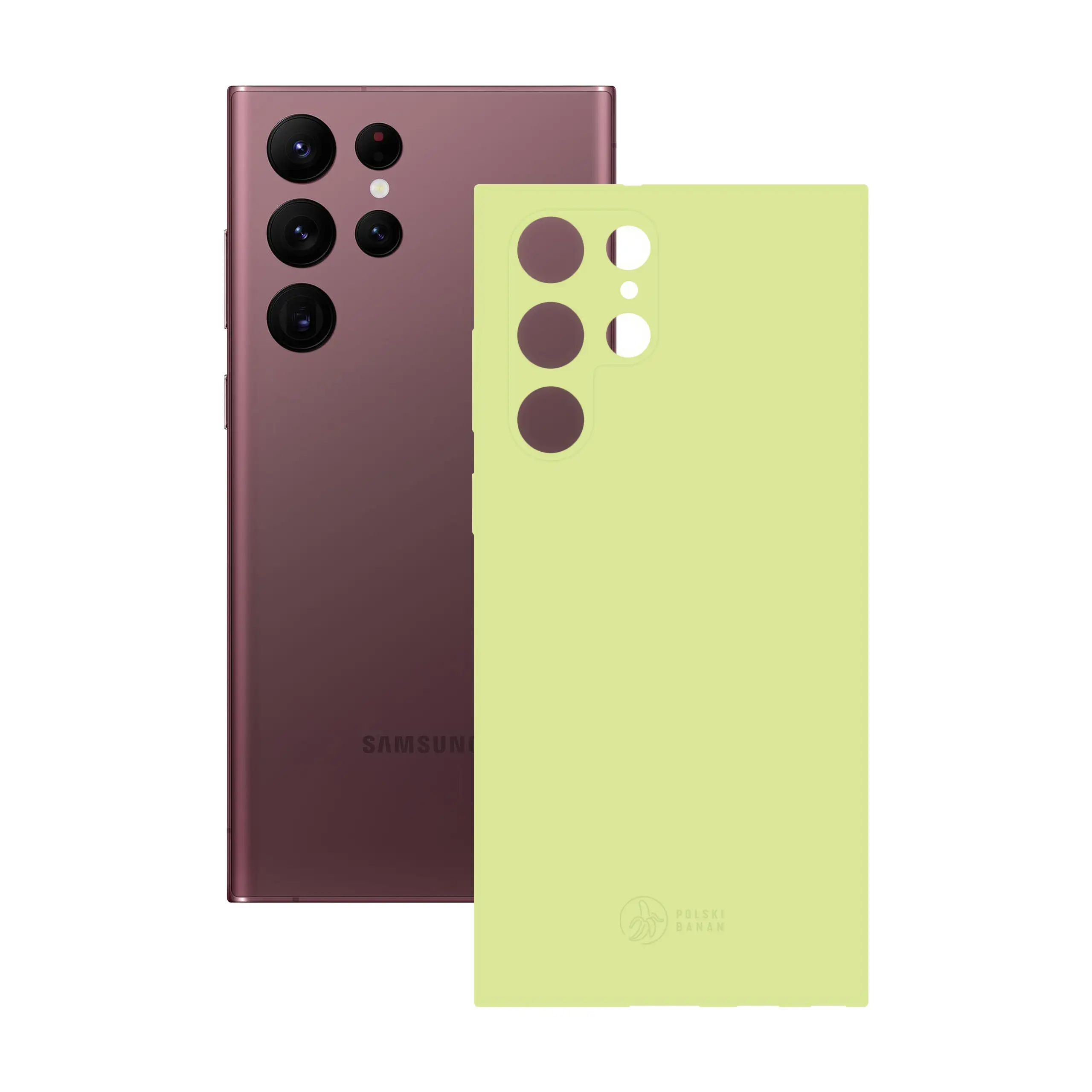 Etui silikonowe matowe pistacjowe Polski Banan obok telefonu Samsung Galaxy S22 Ultra