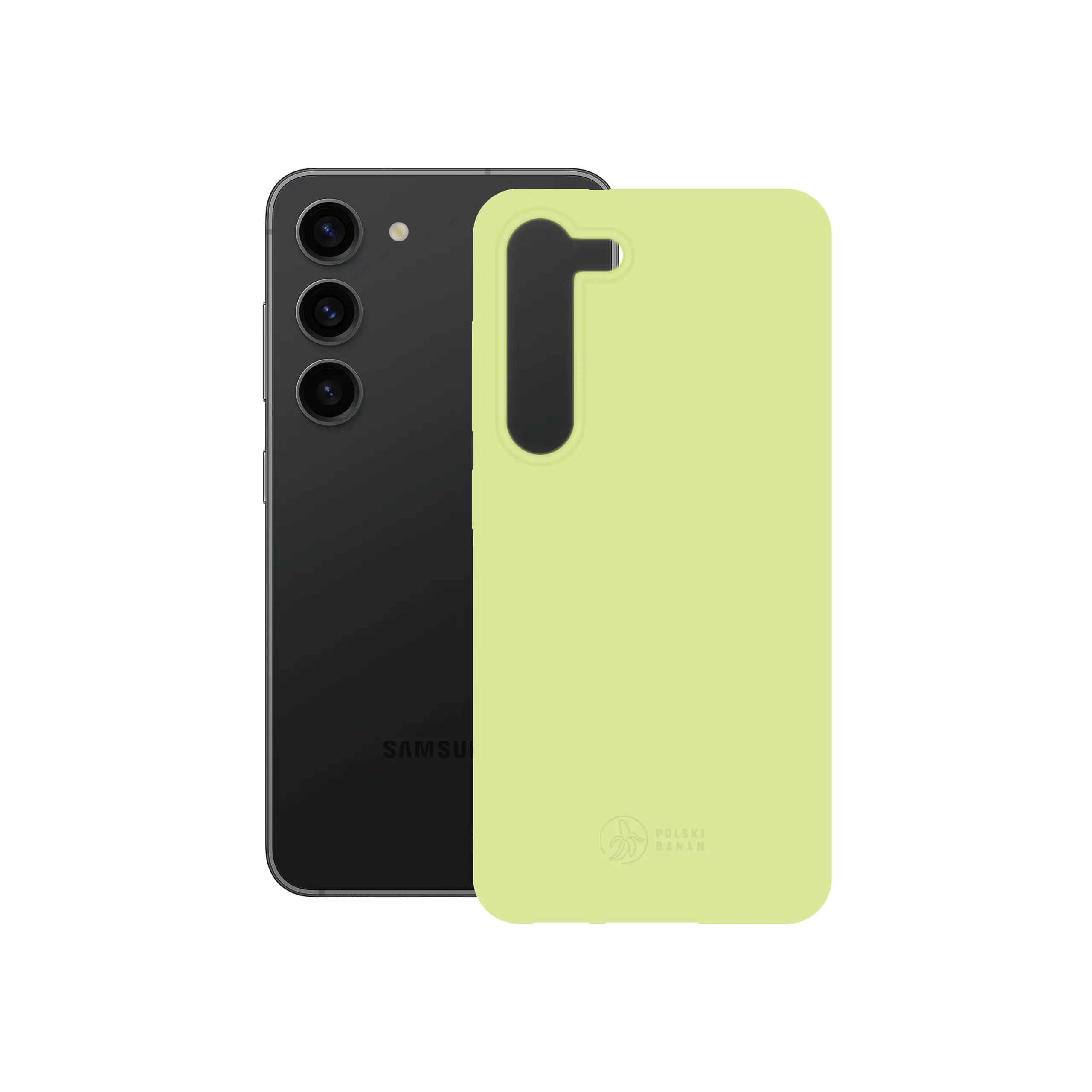 Etui silikonowe matowe pistacjowe Polski Banan obok telefonu Samsung Galaxy S23